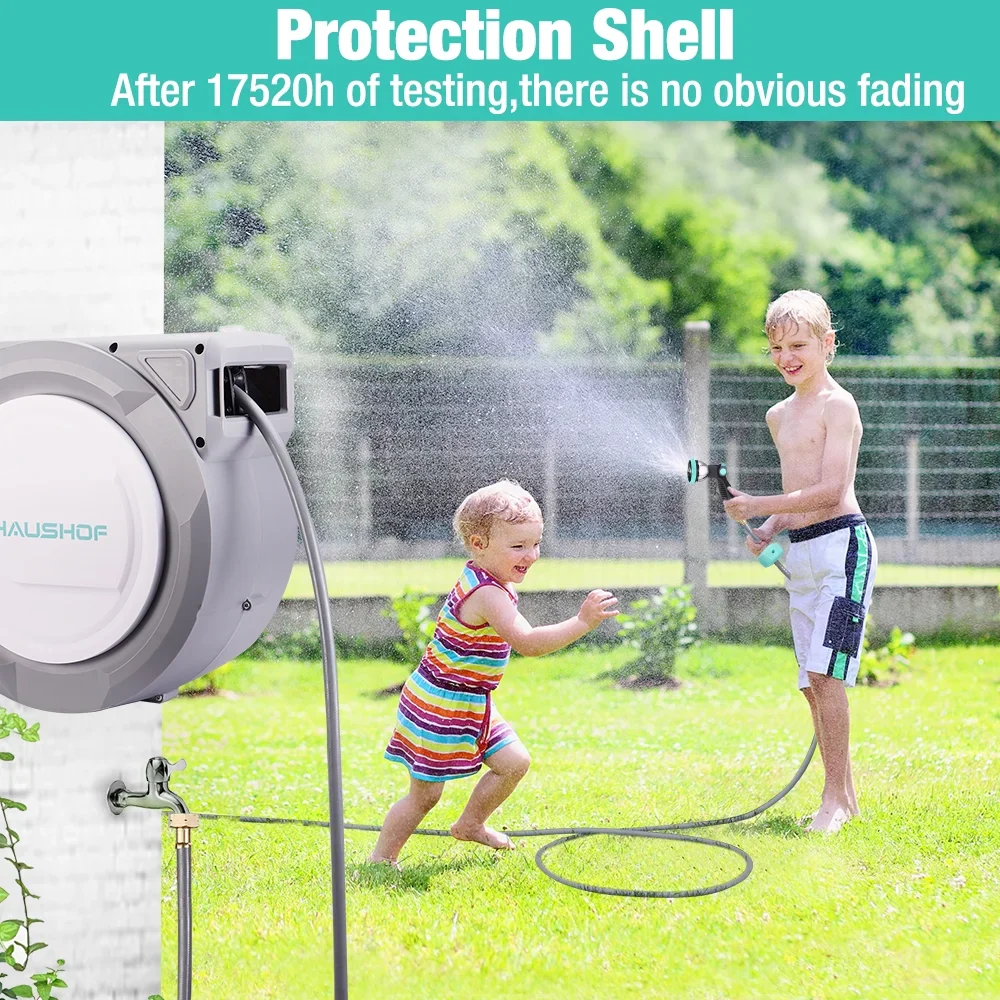 HAUSHOF 1/2 x 100 ft Retractable Garden Hose Reel with Automatic Rewind, 10-Pattern Spray Nozzle, Durable High-Pressure Hose, and 180�� Swivel Bracket �C Perfect for Watering Gardens, Cleaning Patios