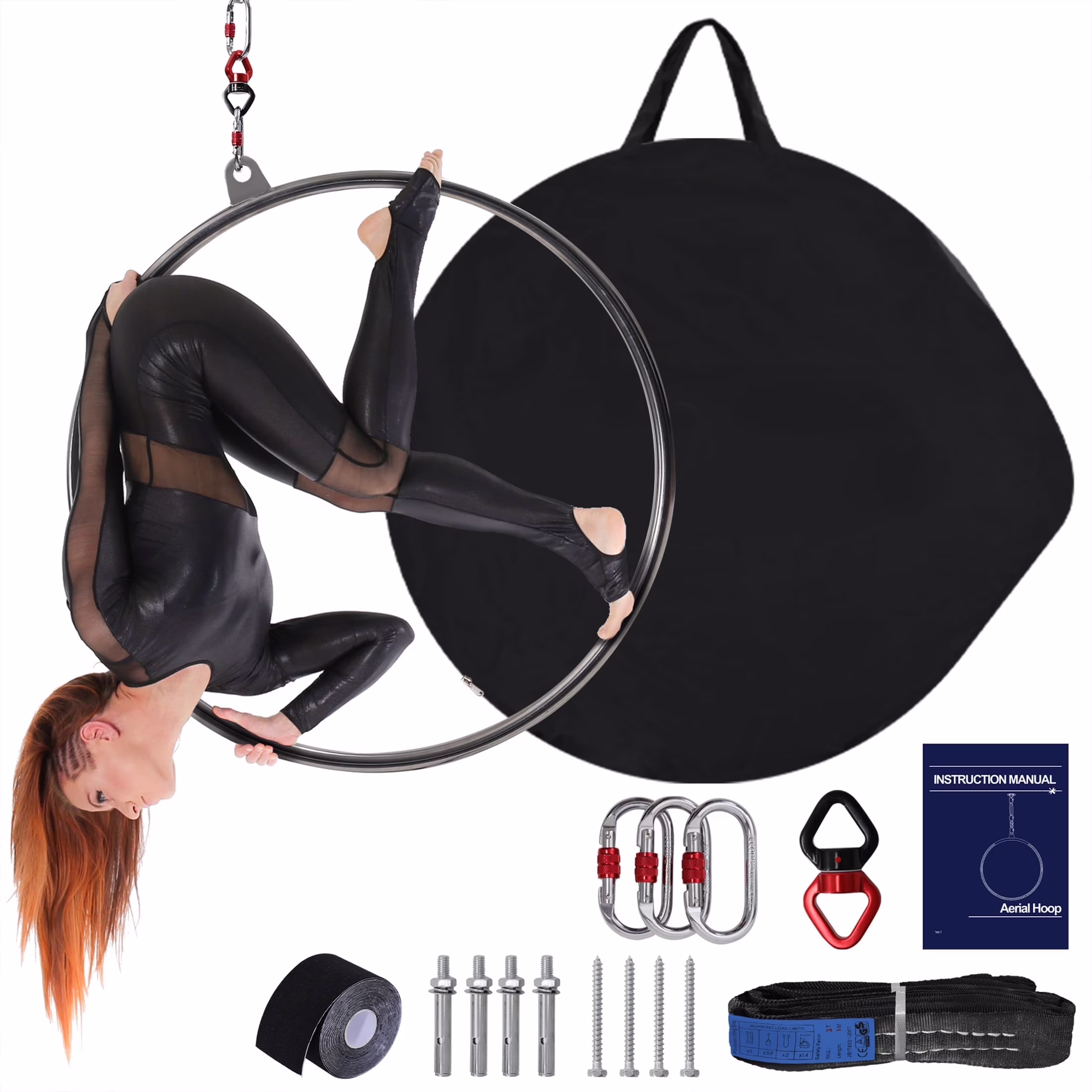 Aerial Hoop, Lyra Hoop 85CM, 1 Ceiling Anchor, 3 Locking Carabiners, Spanset, Grip Tape, 360 Swivel, Carry Bag, 32mm Thickness(33in/85cm) Image 3