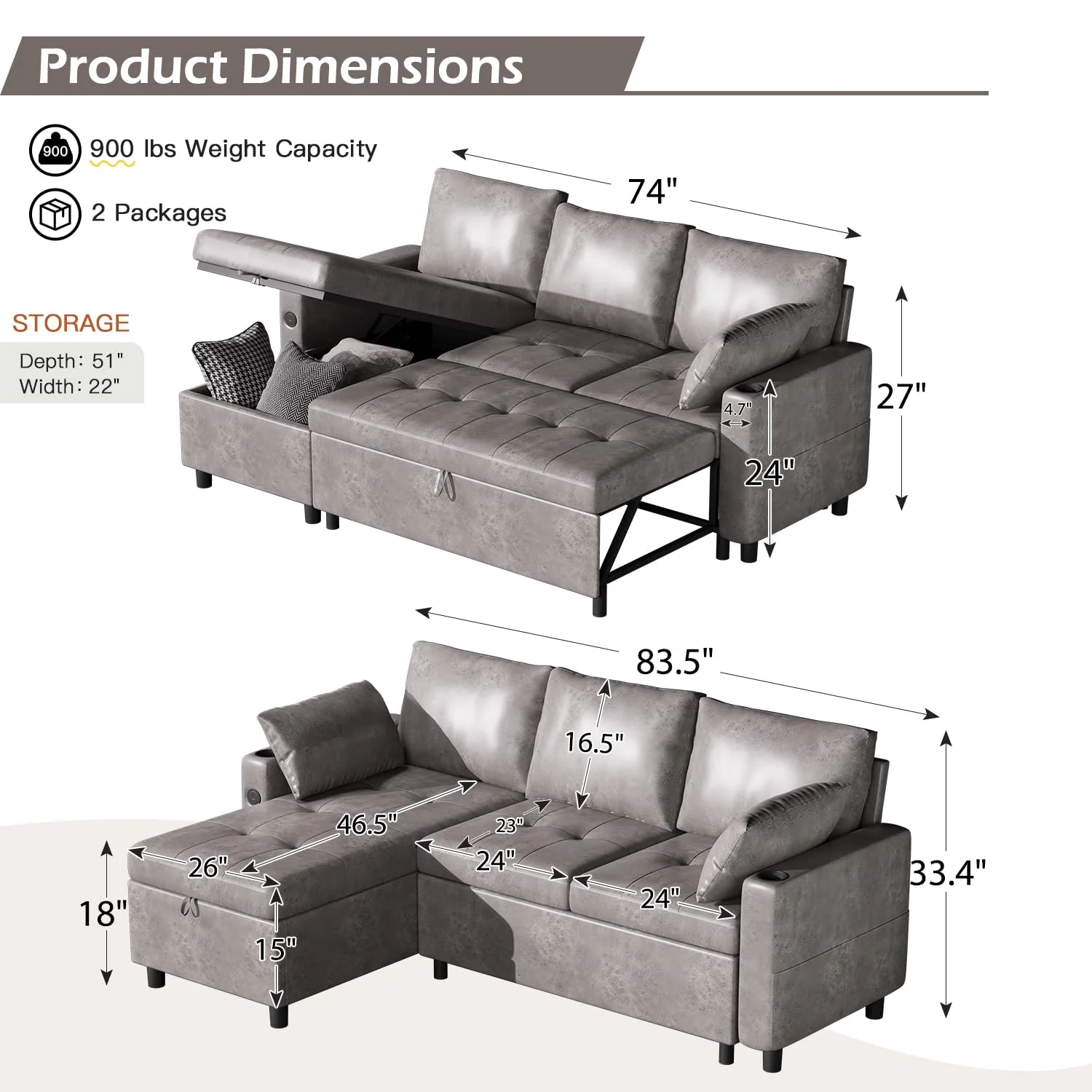 AECOJOY Sleeper Sofa Couch with Pullout Bed, Faux Leather, Gray