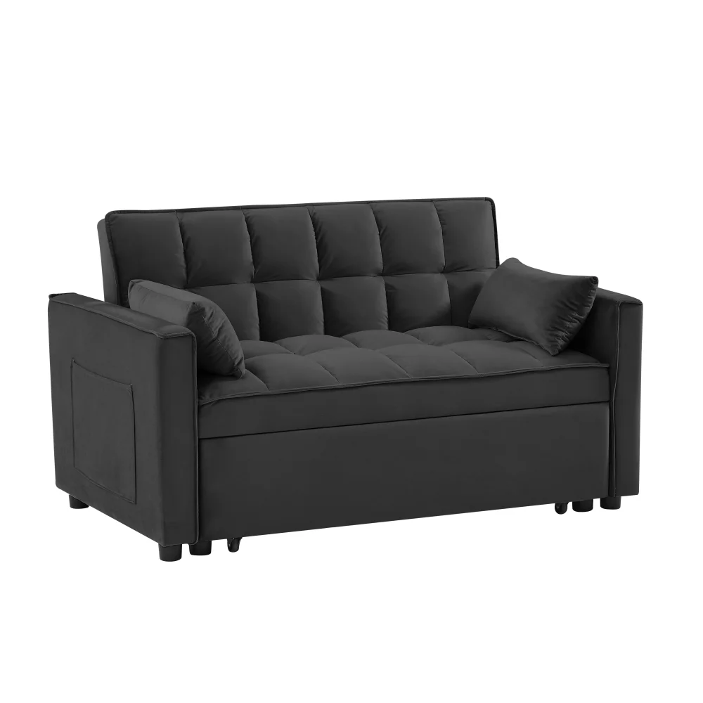 55 Inch Convertible Futon Sofa Bed,Modern Loveseat Sleeper Sofa Couch with Pull-Out Sofa Bed for Living Room,Small Space Black(Black02) - Image 2