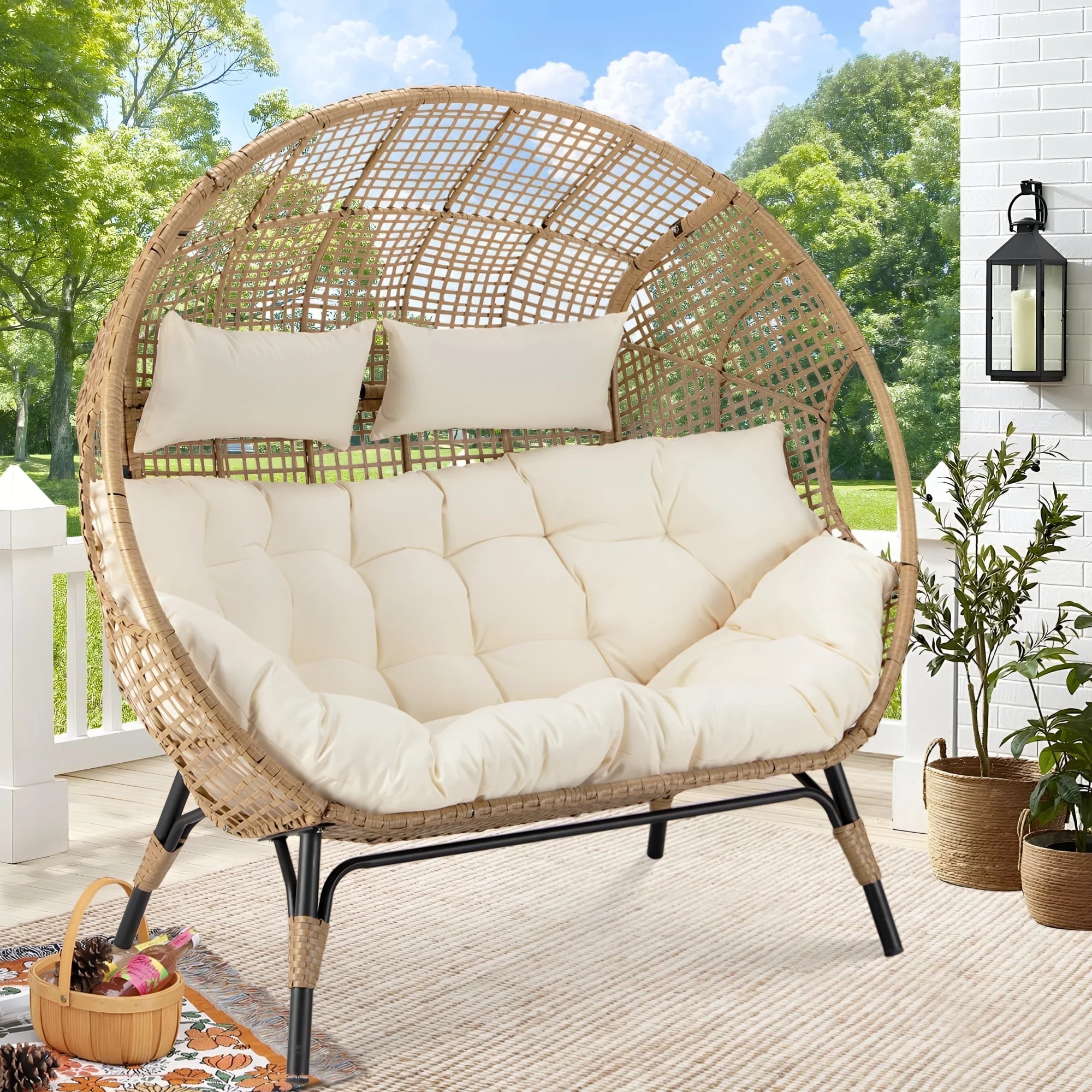 Double Egg Chair for 2 Person, Oversized Wicker Loveseat with Thick Cushions, 680 lbs Capacity, Indoor Outdoor Stationary Patio Lounge Chair for Balcony, Garden, Beige(Beige/No Ottomans) - Image 4