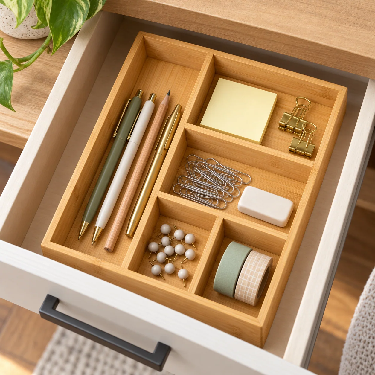Natural Bamboo Desk Drawer Organizer, 5 Compartments
