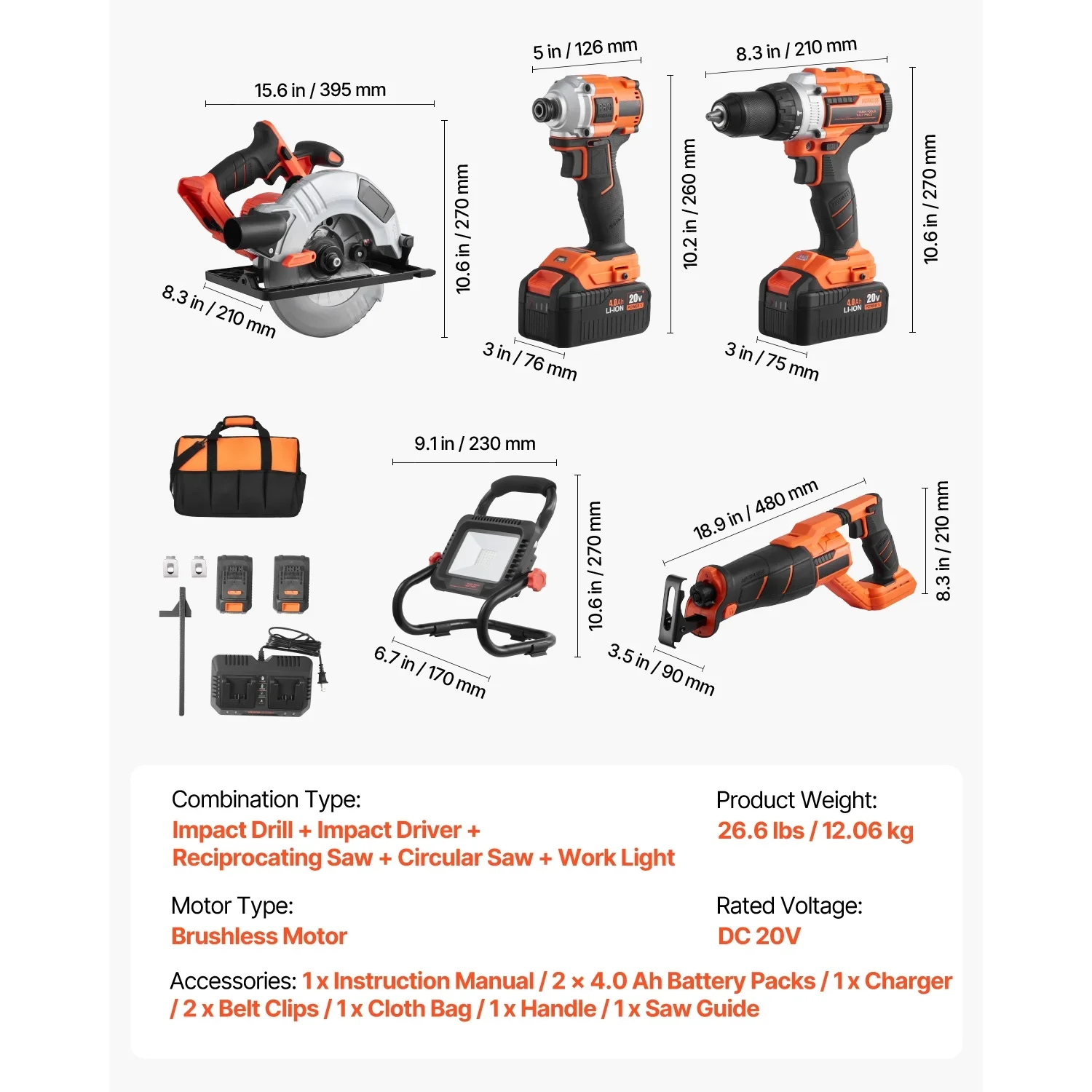 KFFKFF  Equipment Set, 20V Brushless 5-Piece Set, Wireless Power Equipment Set, Wireless Drill and Impact Driver, inclusive of 4.0 Ah Batteries, Charging Device, Reciprocal Saw, Round Saw