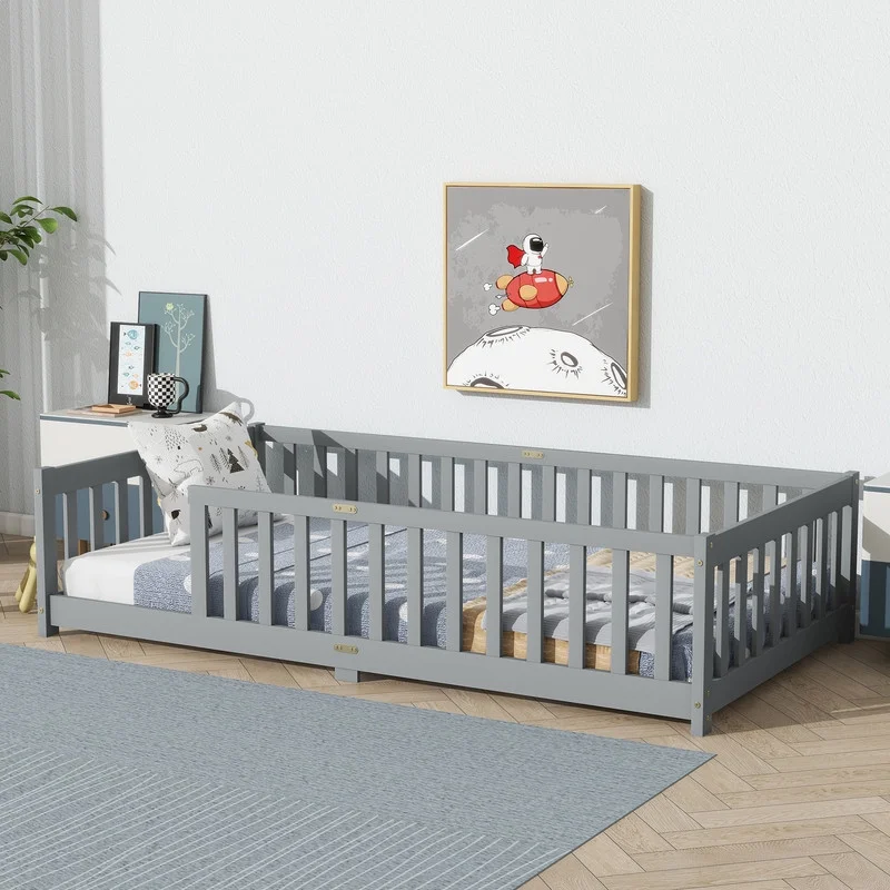 Bellemave Twin Size Floor Beds, Wood Montessori Bed with Fence Railings & Support Slats, No Box Spring Needed (Gray