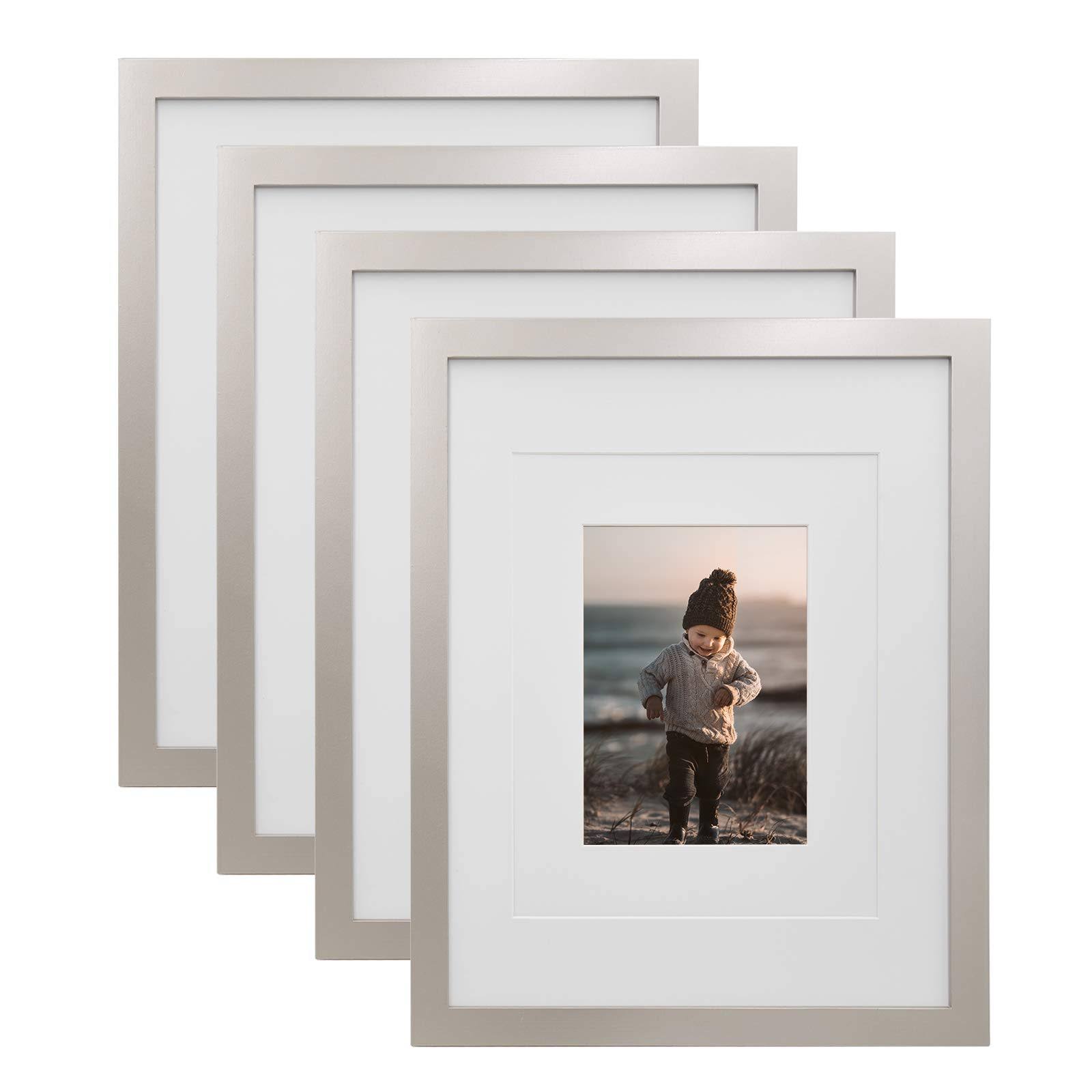 KINLINK 11x14 Picture Frames Silver - Wood Frames with Acrylic Plexiglass for Pictures 5x7/8x10 with Mat or 11x14 Without Mat,Tabletop and Wall