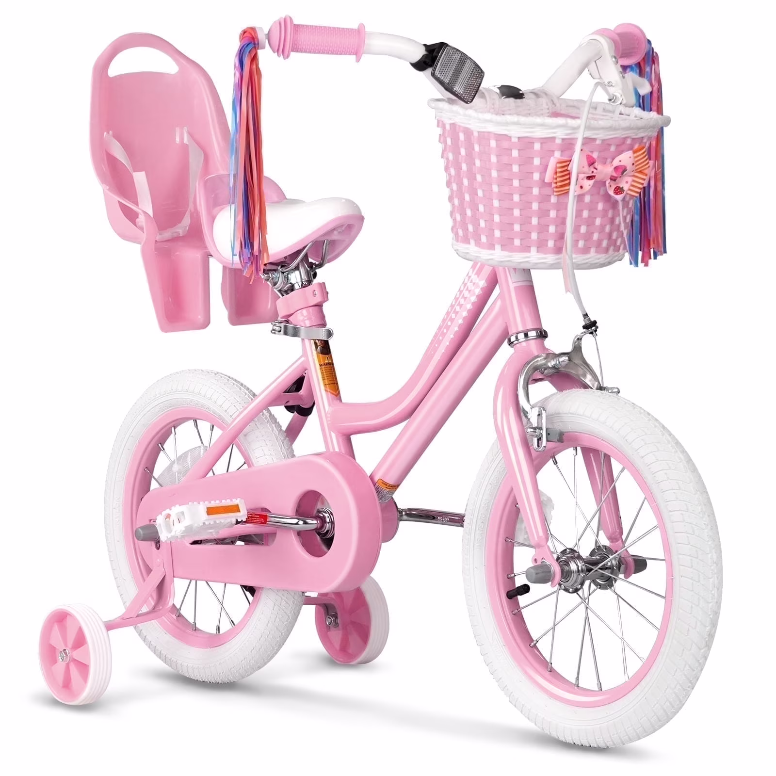XJD Girls Bike for Toddlers 3 - 9 Years Old Kids, 14 in Kids Bike with Training Wheels, Streamers, Basket and Doll Seat, Children Bicycles with Handbrake
