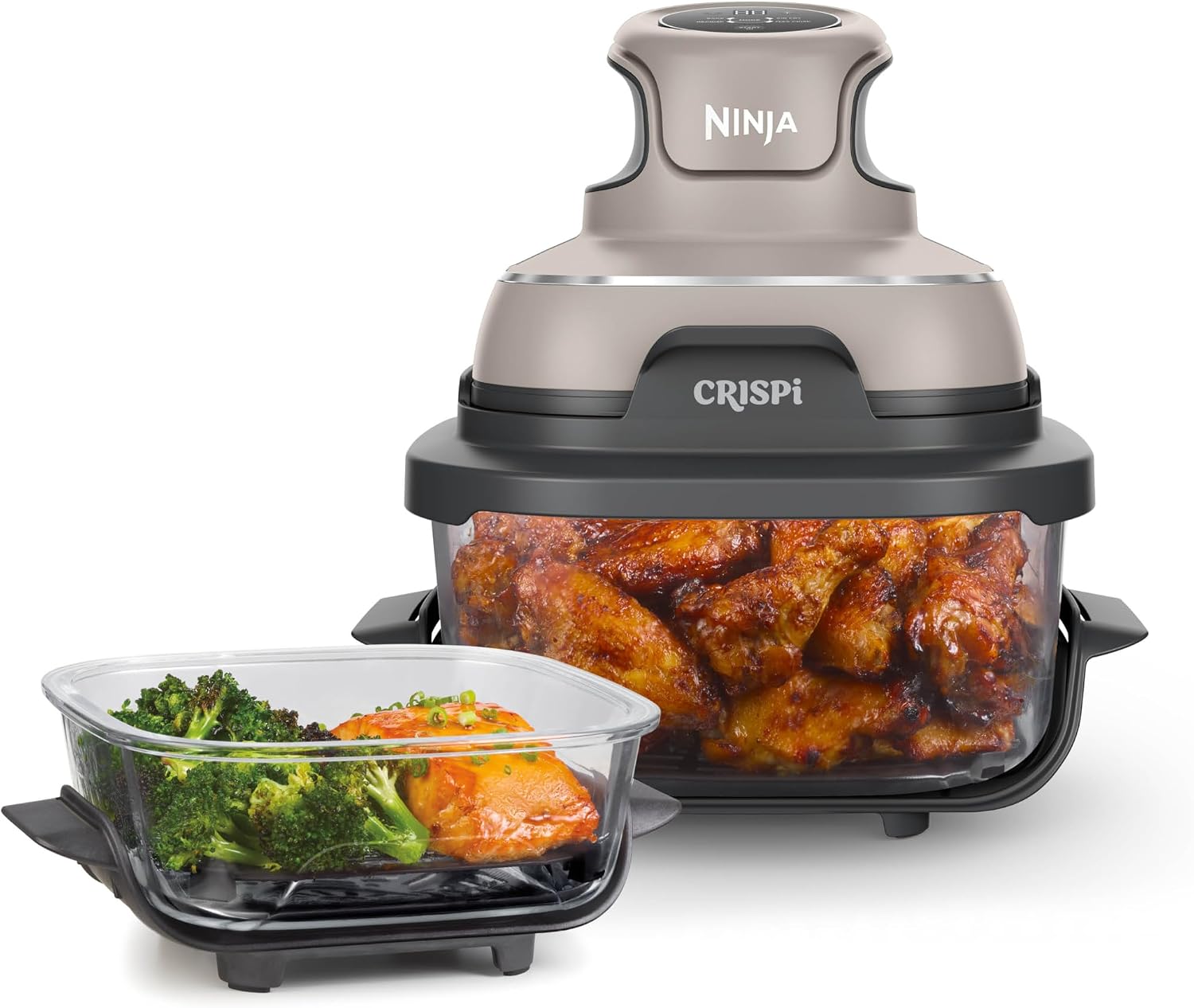 Ninja Crispi Glass Air Fryer, 4-in-1, Stone, FN101ST| Max crisp, bake, air fry, recrisp, 450F max, 4 Qt and 6 Cup containers, PFAS-free glass