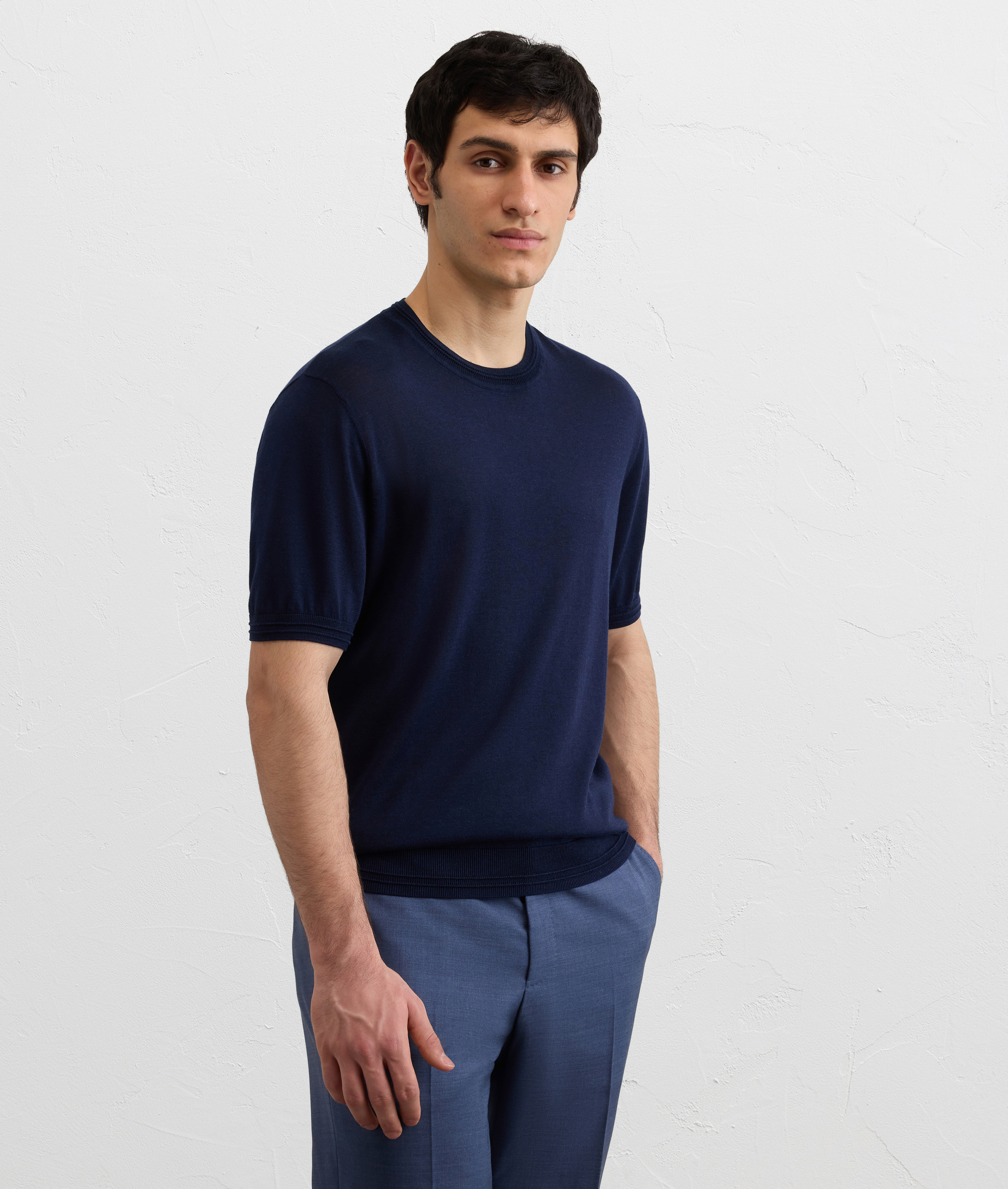 NAVY BLUE COTTON AND SILK LYOCELL JERSEY KNIT T SHIRT