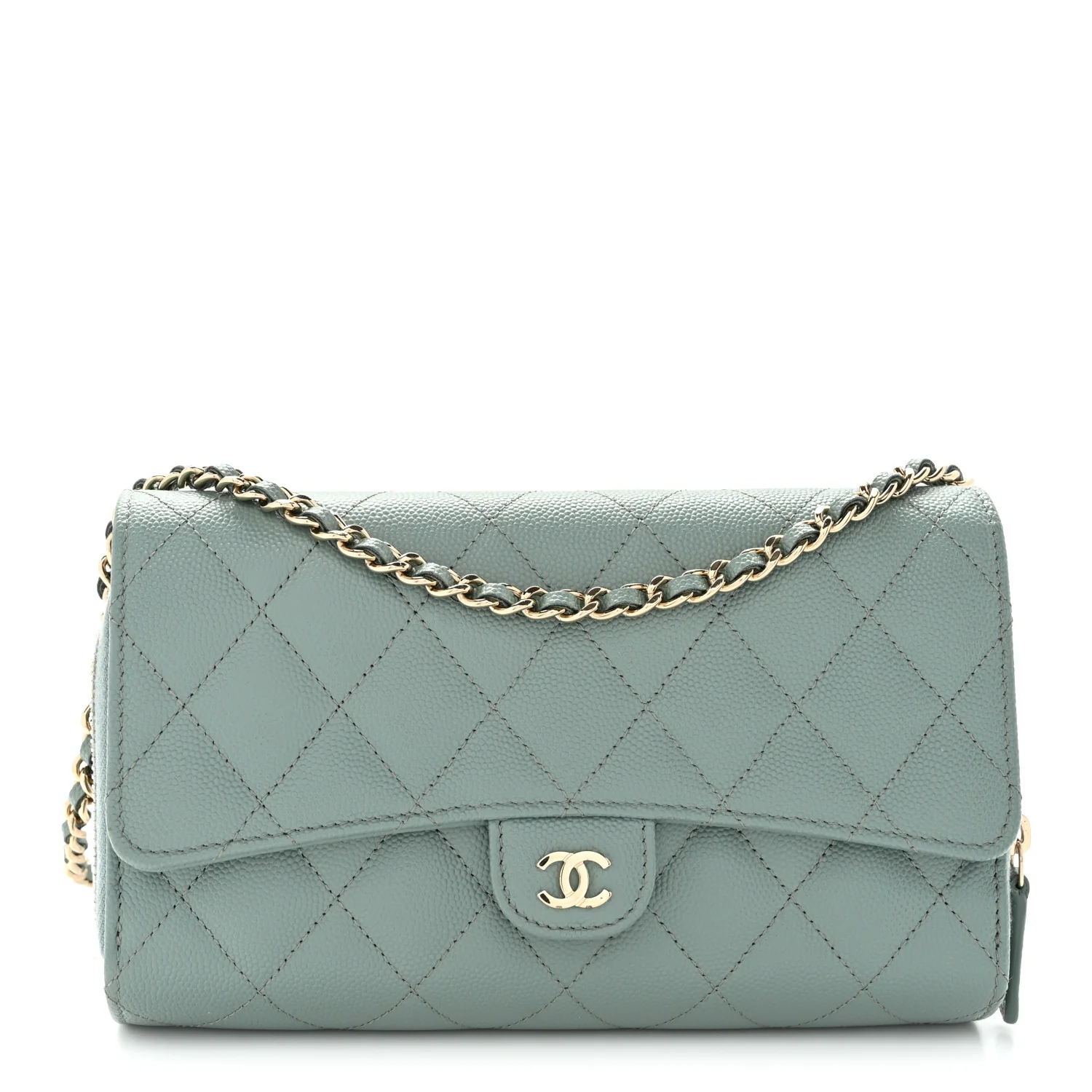 Caviar Quilted Phone Holder Wallet on Removable Chain Light Blue
