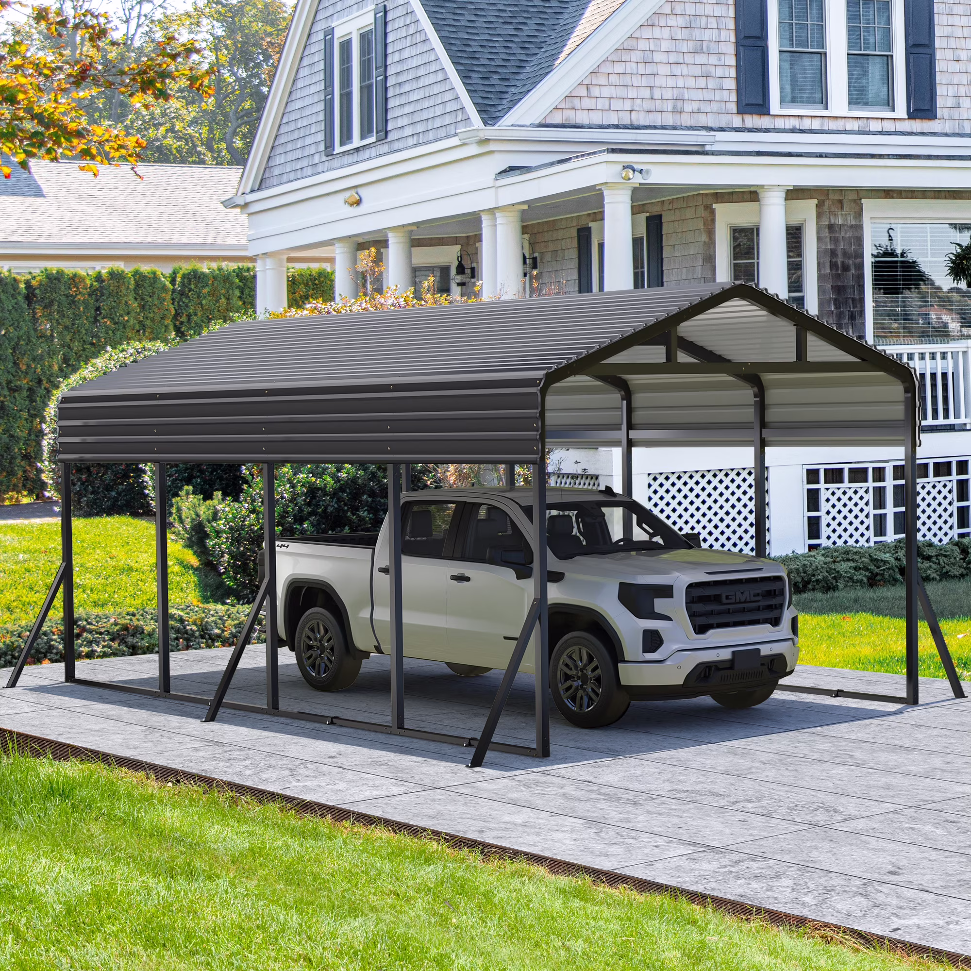 12’X20’ Outdoor Heavy-Duty Carport Galvanized Steel Roof with Reinforced Stable Triangle Frame Enhanced Base for Car, Pickup and Truck(12' x 20')
