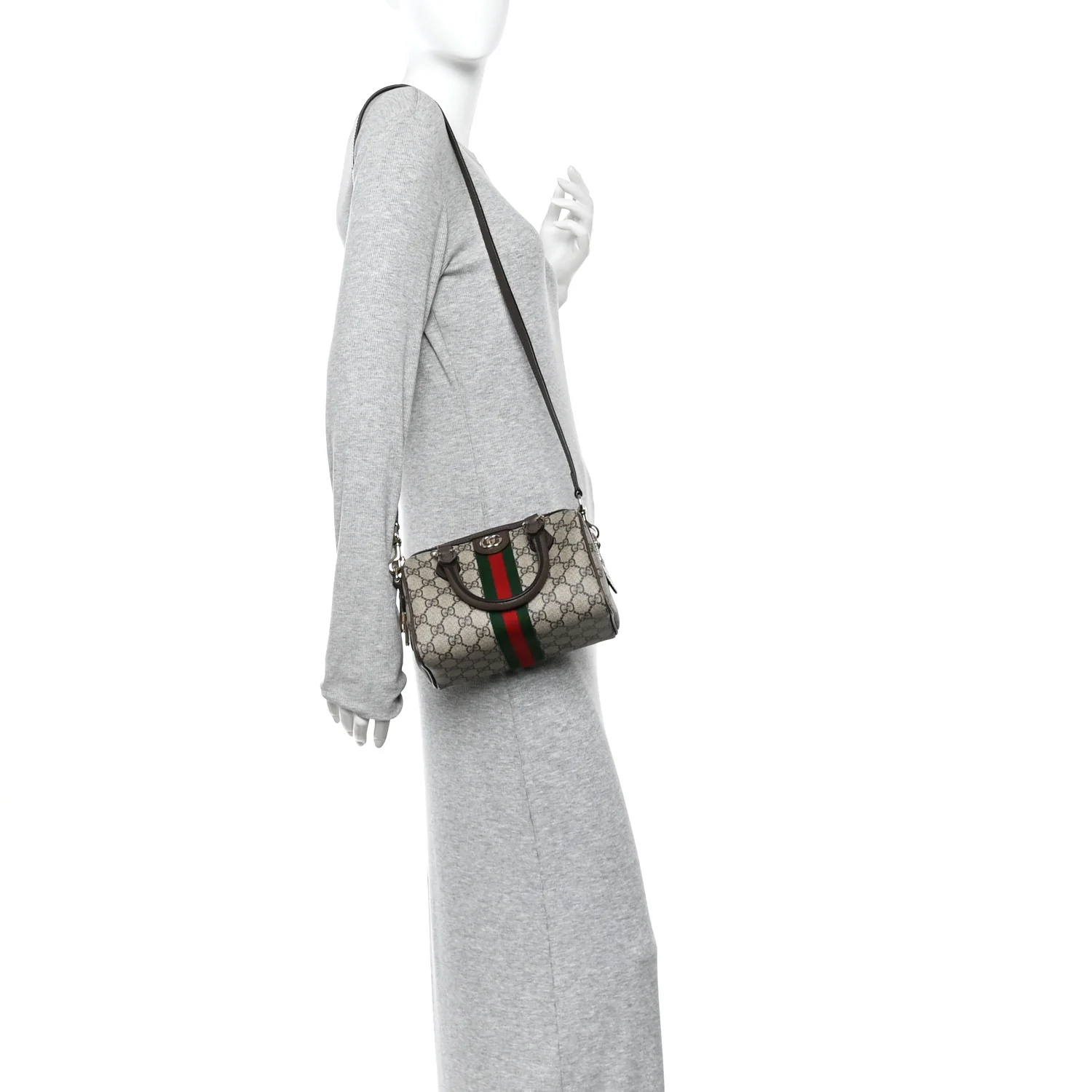 GG Supreme Monogram Textured Dollar Calfskin Web Mini Ophidia Top Handle Bag Beige Ebony New Acero