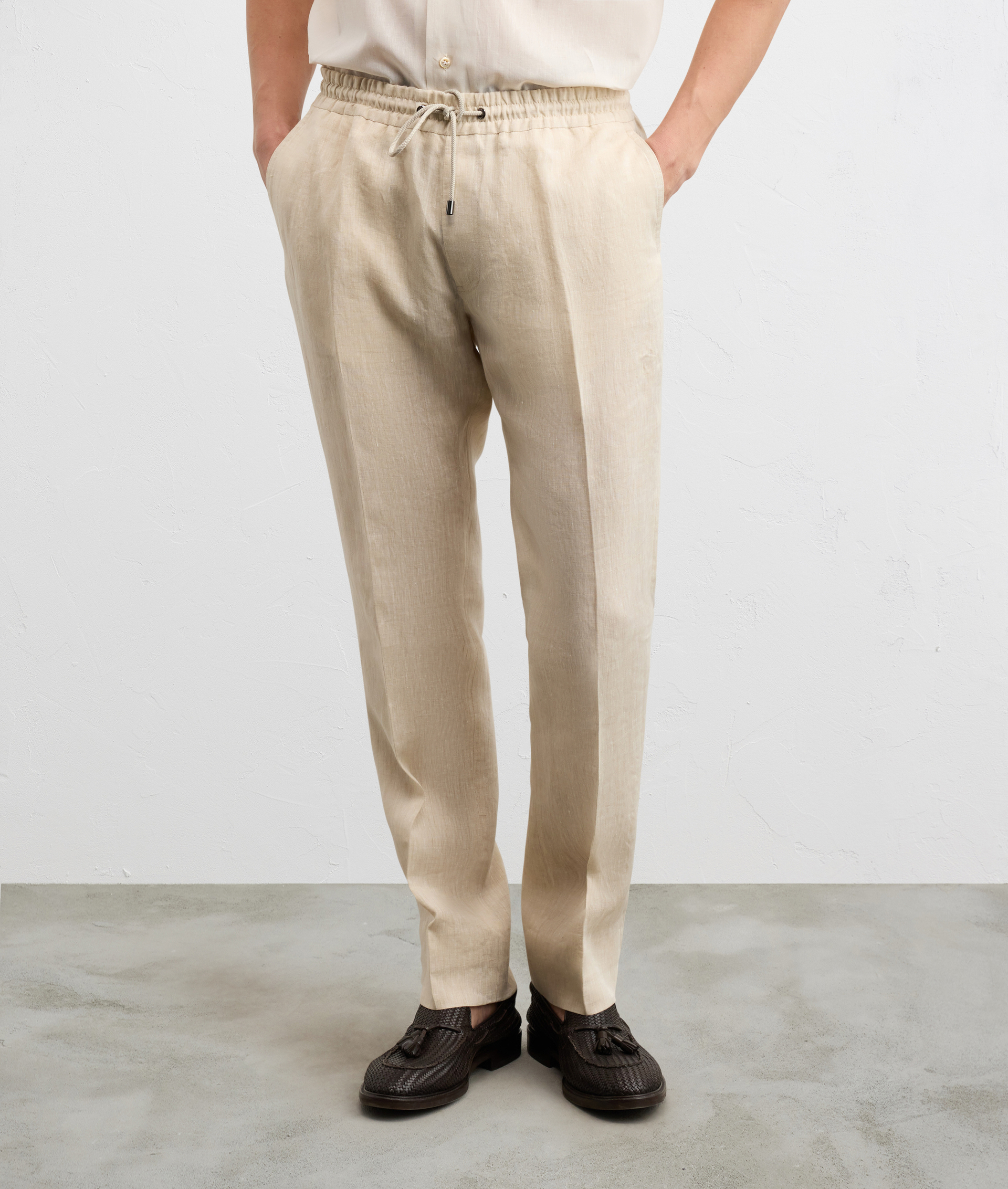 NATURAL COLORED FLAMED LINEN DRAWSTRING TROUSERS