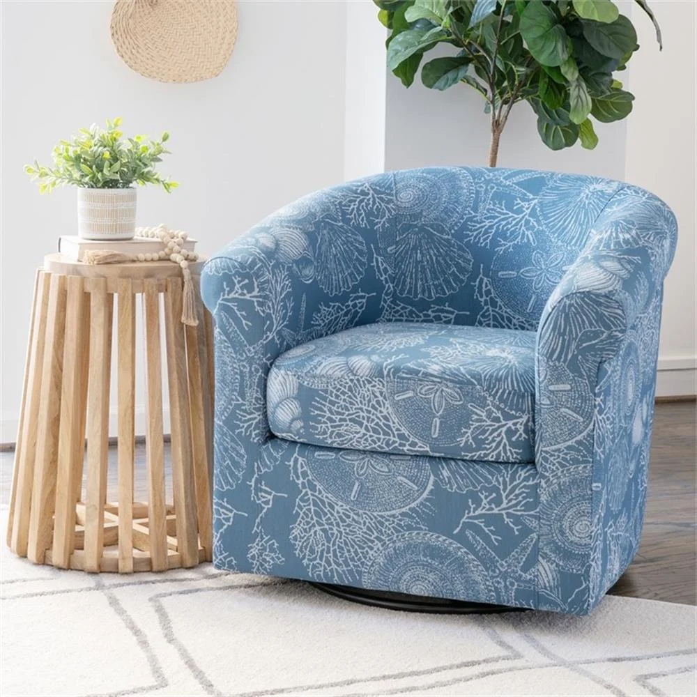 Rhea Fully Upholstered Coastal Swivel Club Chair in Blue Seashell Pattern(Denim Coastal Blue) - Image 2
