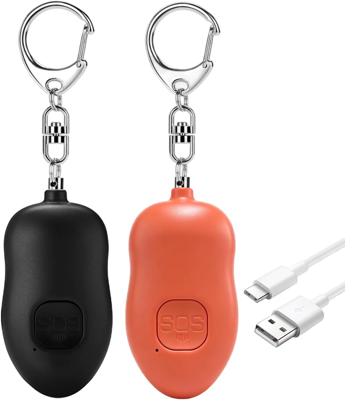 130dB Portable Personal Alarm 2-Pack for Self Defense, Rechargeable Keychain with Strobe Light, USB-C Charging SOS Siren for Women, Elderly, Teens, College Students (Black+Orange)