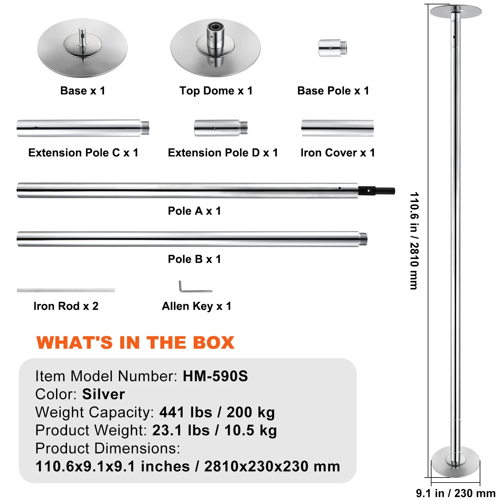 Expert Dance Pole, Rotating and Stationary Dance Pole Set, Detachable Portable Pole, 45mm Robust Stainless Steel Pole, Fitness Pole with Adjustable Height, Suitable for Workout Home, Silver(82-108" Silver) - Image 8