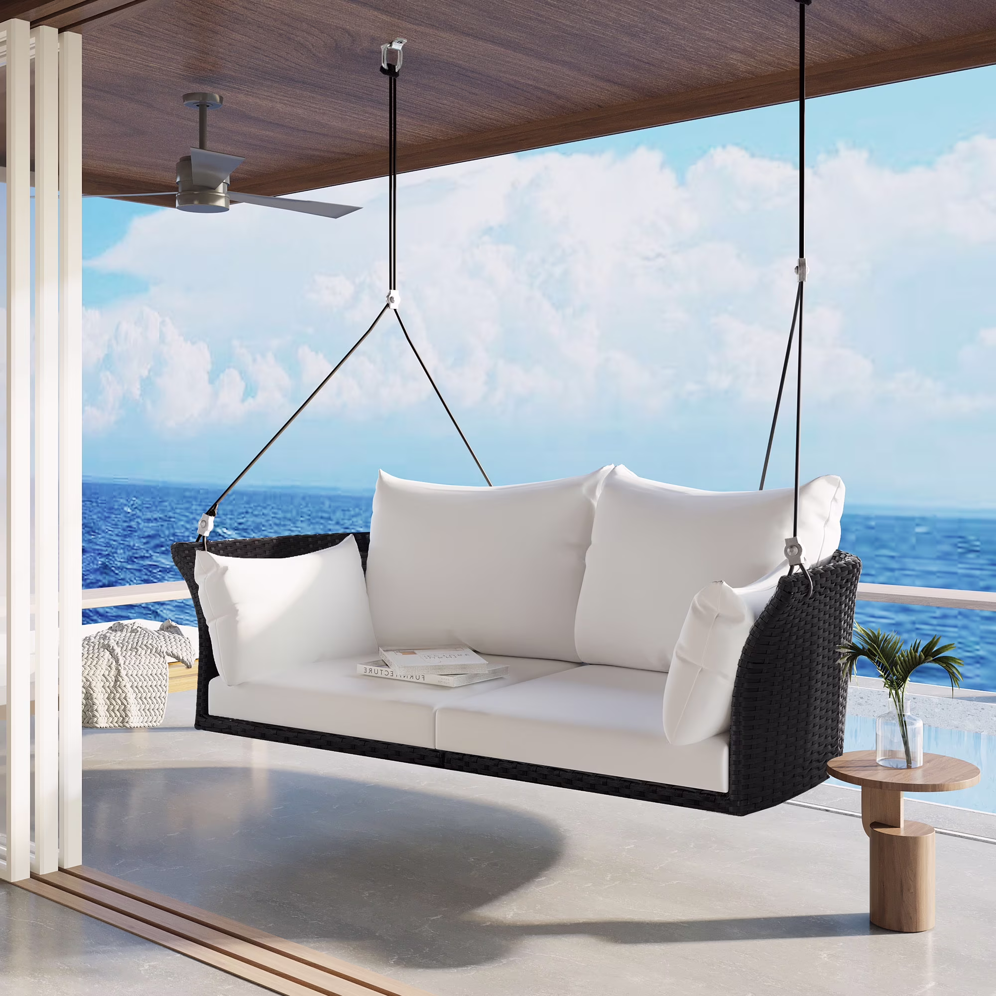 51.9 2 Seat Patio Swing Chair, Rattan Woven Porch Swing with Adjustable Ropes, Cushion and Pillow, Wicker Outdoor Hanging Bench for Garden Yard, 500LBS Weight Capacity, Black and White