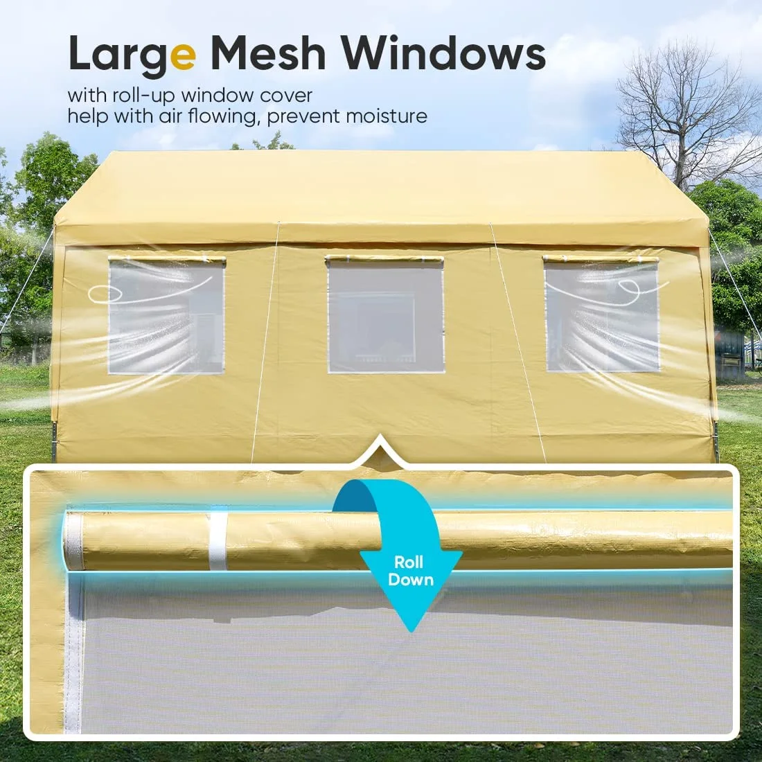 10x20 ft Heavy Duty Carport with Roll-up Ventilated Windows Removable Sidewalls Car Canopy Garage Boat Shelter Party Tent, Adjustable Height from 9.5ft to 11ft, Beige Yellow(10' x 20'/Beige) - Image 10