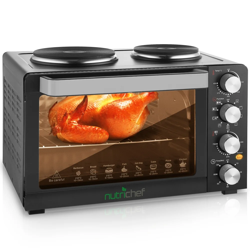 Nutrichef 30 Quart Kitchen Convection Oven & 2 Burner Cooker - 1500 Watt Oven - 7 Cook Functions Rotisserie, Cook, Bake, Broil & More - Includes Baking Tray, Skewers & Handles - 19.6 x 16.0 x 13.5 IN