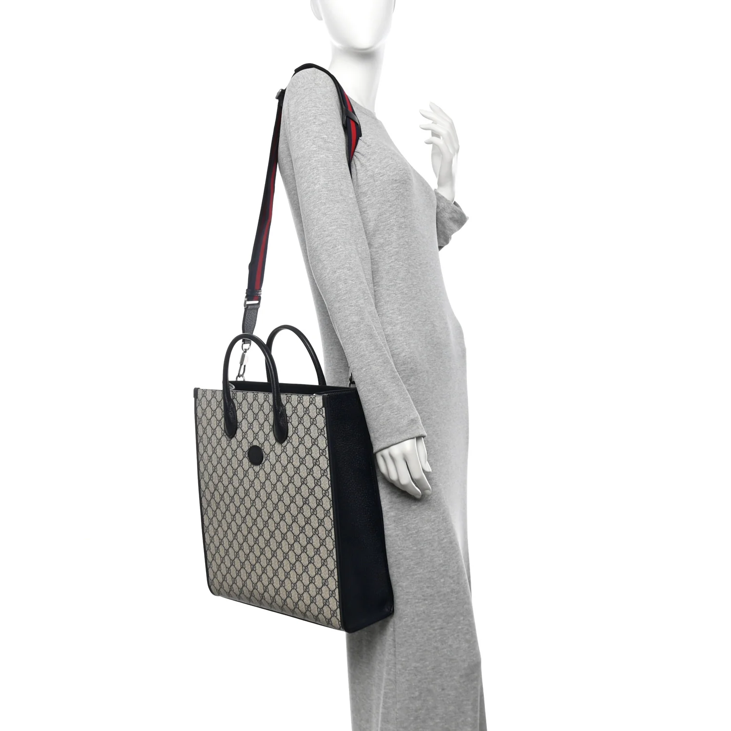 GG Supreme Monogram Textured Dollar Calfskin Web Medium Retro Interlocking G Tote Bag Beige Blue