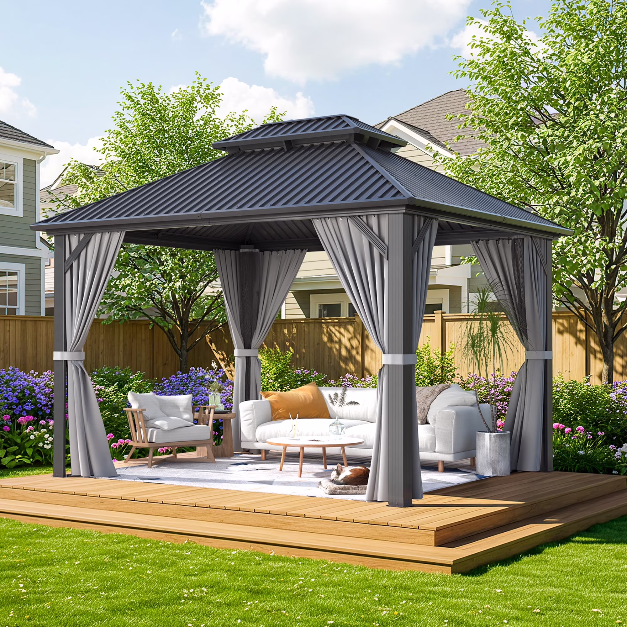 10'x12' Hardtop Gazebo with Aluminum Frame, Permanent Outdoor Pavilion Metal Gazebo with Galvanized Steel Double Roof Mosquito Netting and Curtains for Patios, Gardens, Lawns, Gray(10' x 12')