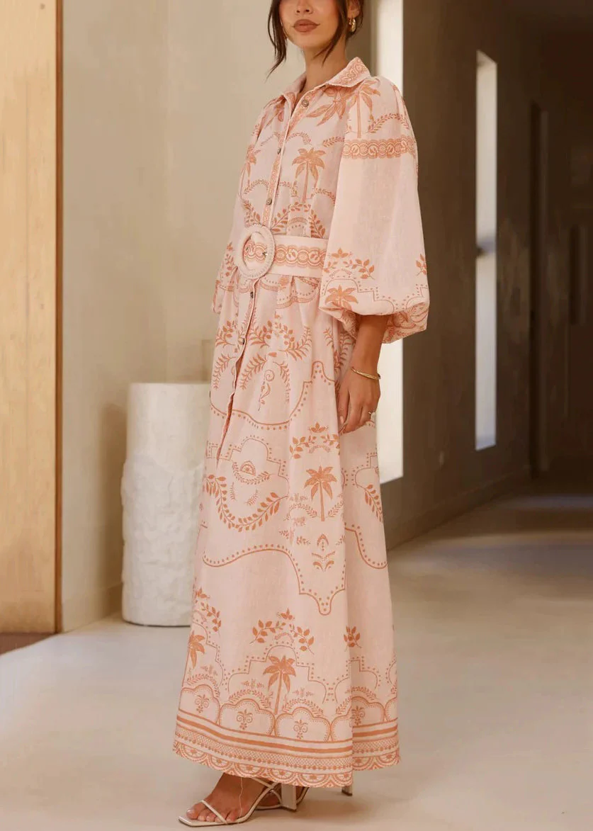 Sophie Paris I Robe chemise en lin imprimé rose avec manches ballon et ceinture à nouer