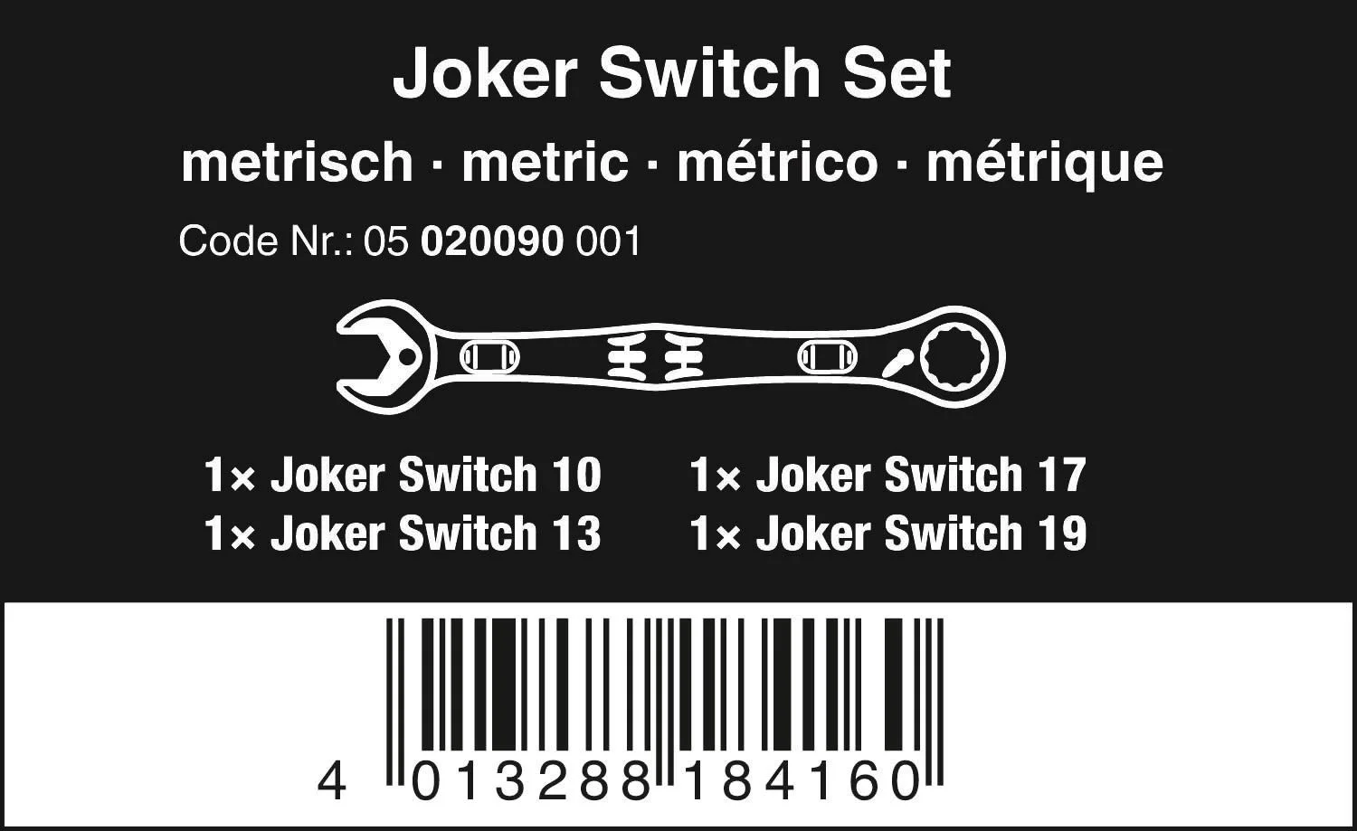 Wera 020090 Joker Combination Wrench with Switch 4 Piece Set - Metric