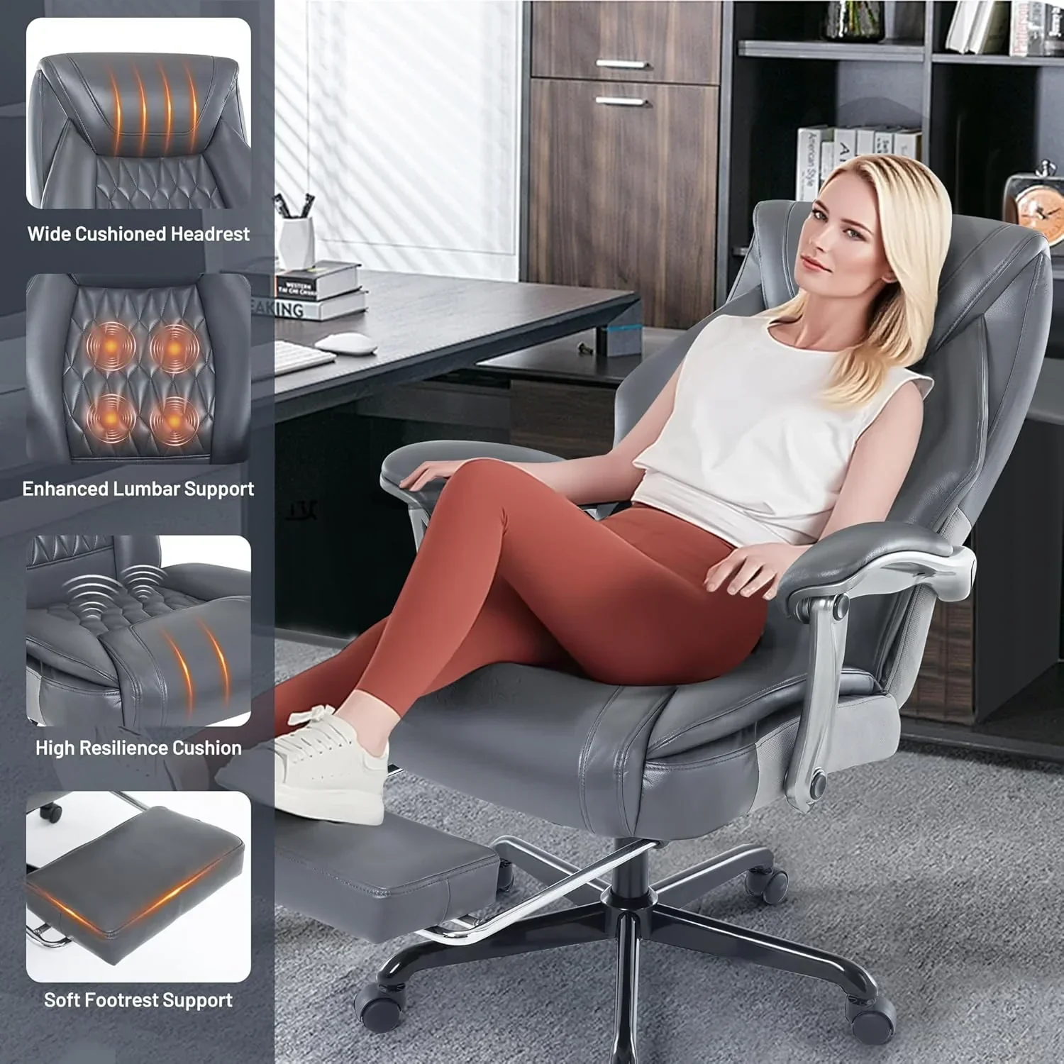 Fauteuil de bureau massant avec chauffage et repose-pieds, fauteuil de bureau ergonomique inclinable de direction