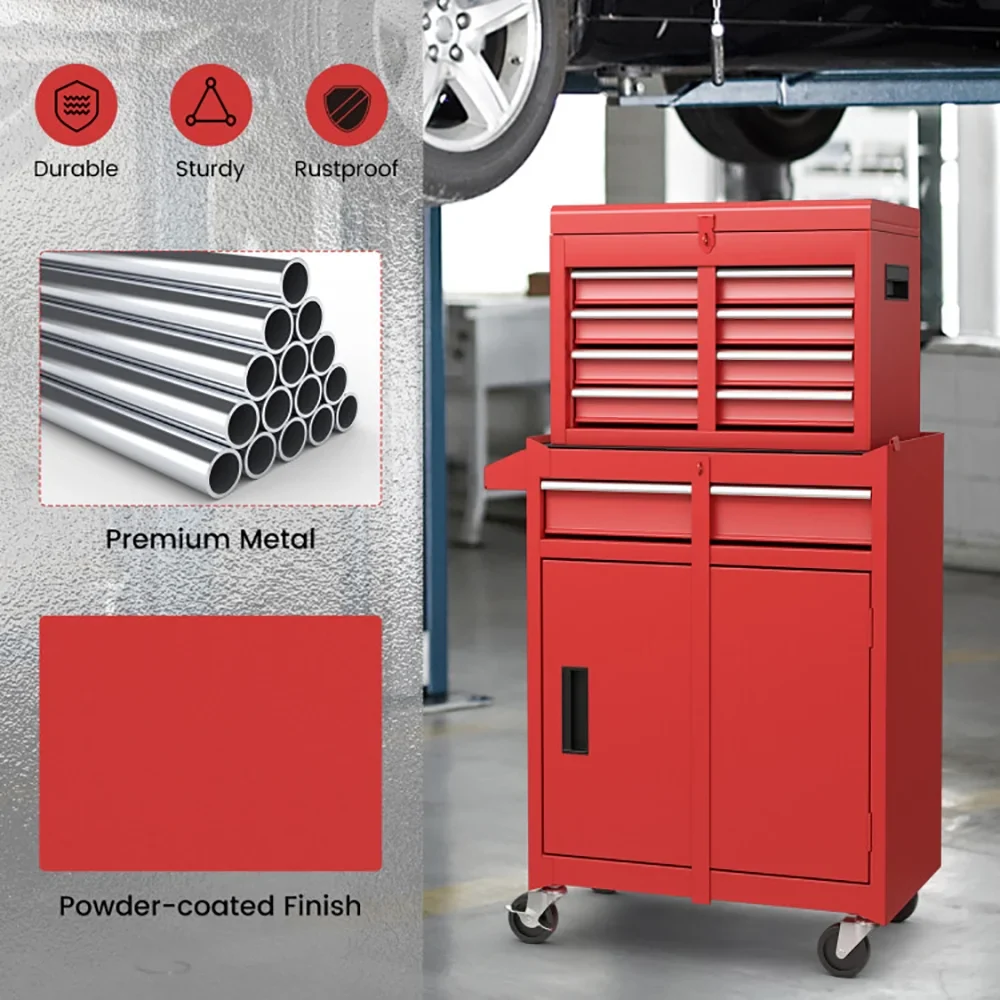 Canddidliike 2-in-1 Tool Chest and Cabinet with 5 Sliding Drawers-Red, Heavy Duty Utility Industrial Service Cart