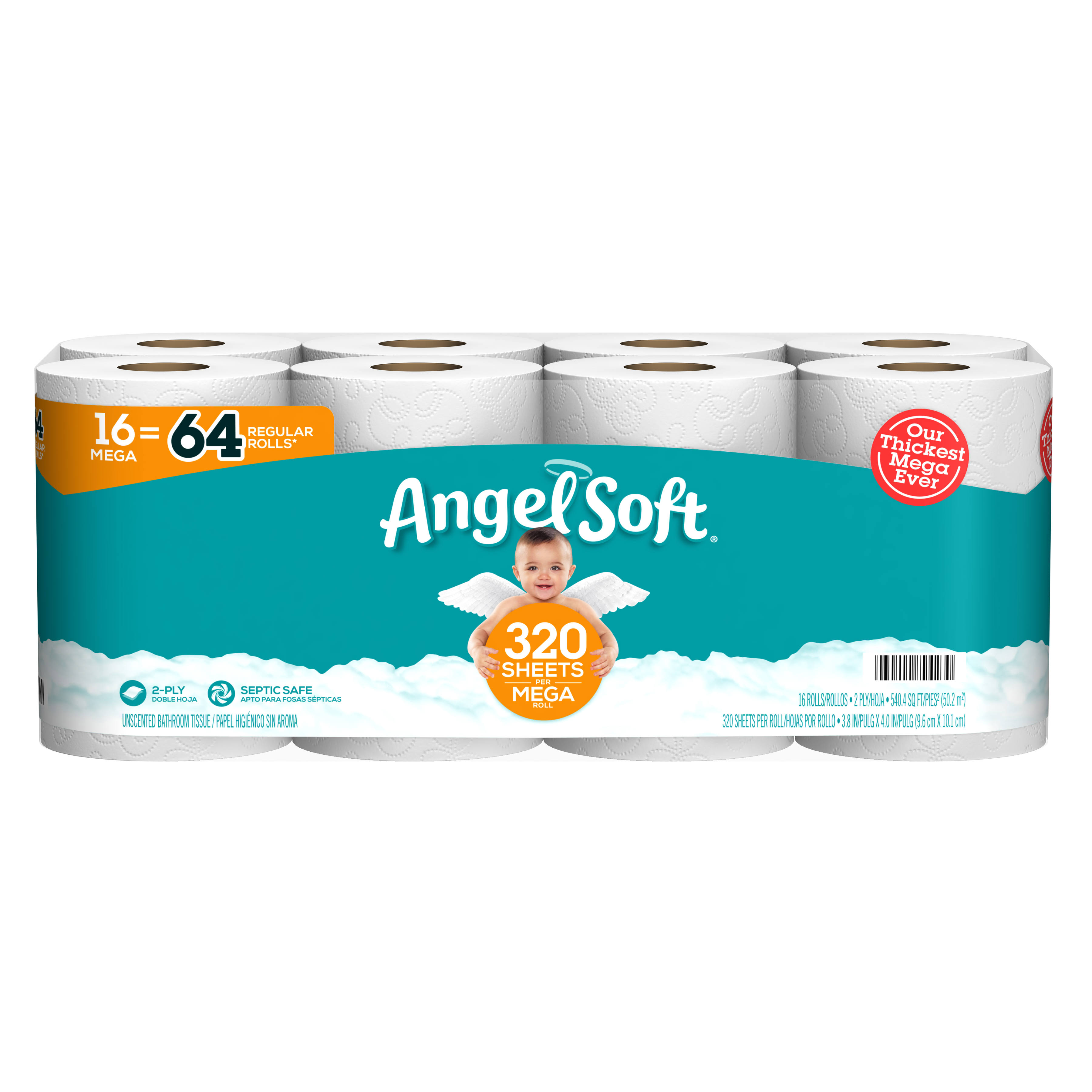 Angel Soft Bathroom Tissue, Unscented, Mega Roll, 2-Ply - 16 rolls