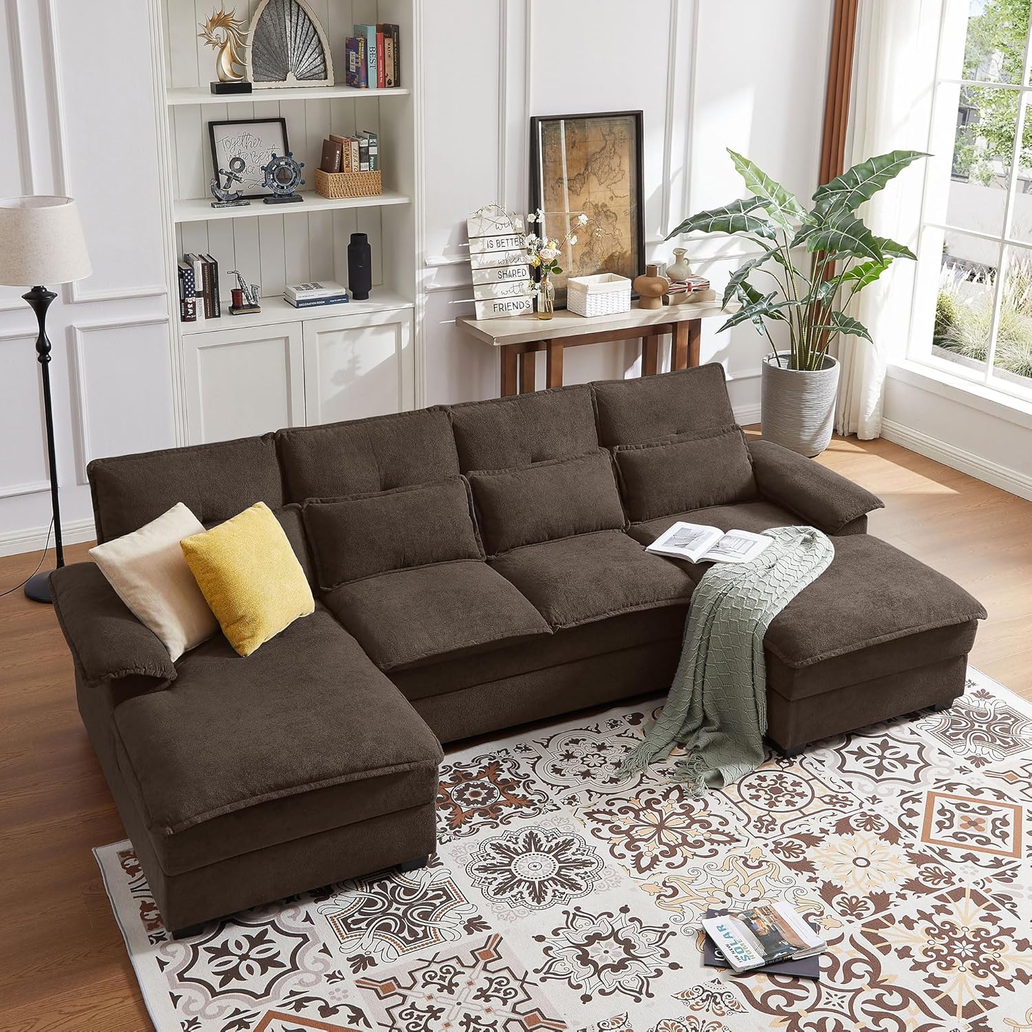 Comfy Cloud Couch Sectional Sofa with Lumbar Pillows, Modern U-Shaped Cloud Sofa with Double Chaise & Deep Seat 4 Seat Sectional Couch for Living Room, or Office, Easy Assembly, Dark Coffee