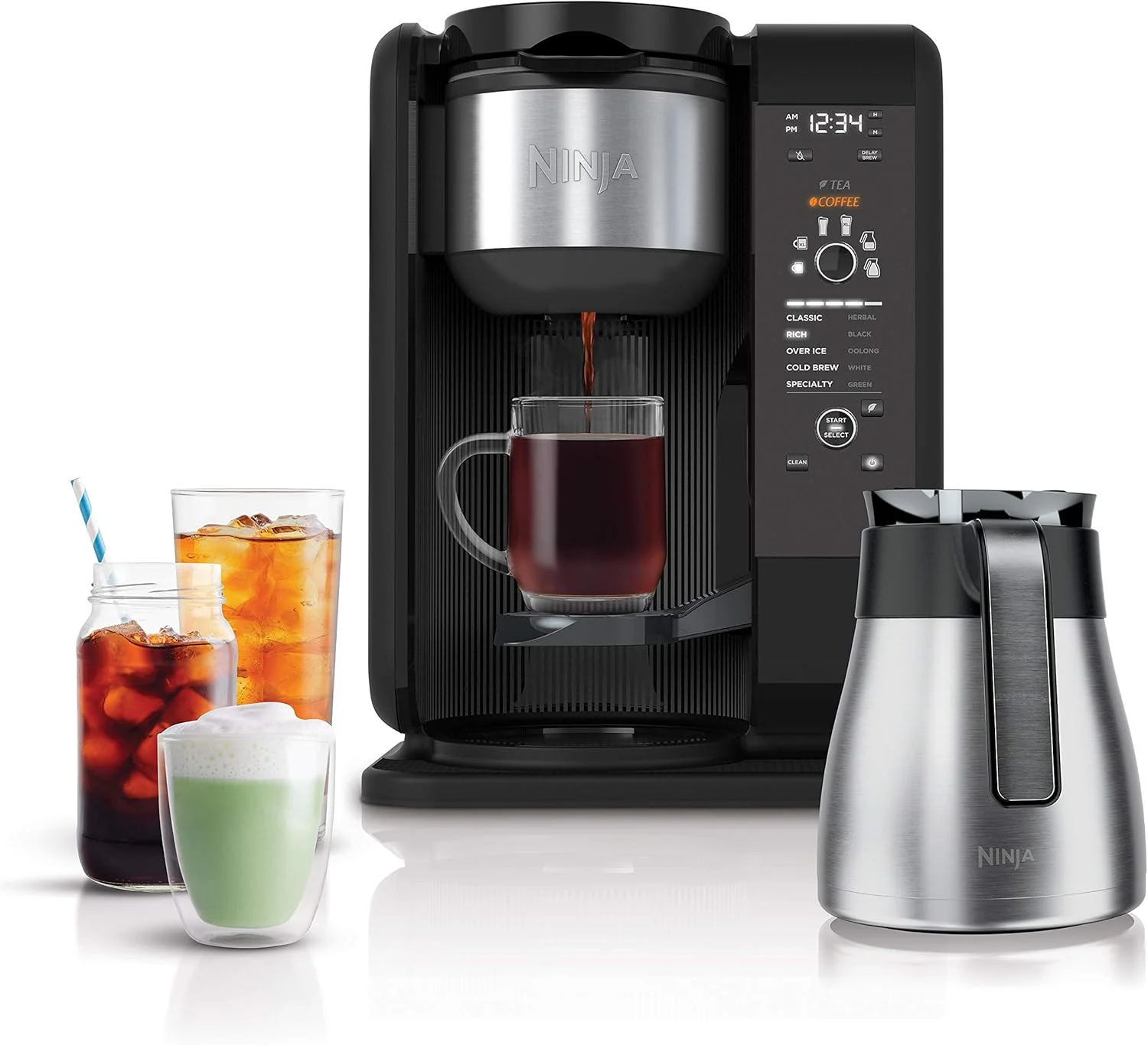 Système Ninja pour infusion à chaud et à froid, cafetière et thé, avec Auto-iQ, 6 tailles, 5 styles, 5 réglages de thé, carafe isotherme de 1,5 L, mousseur à lait, paniers à café et à thé, pièces compatibles lave-vaisselle, noir, CP307