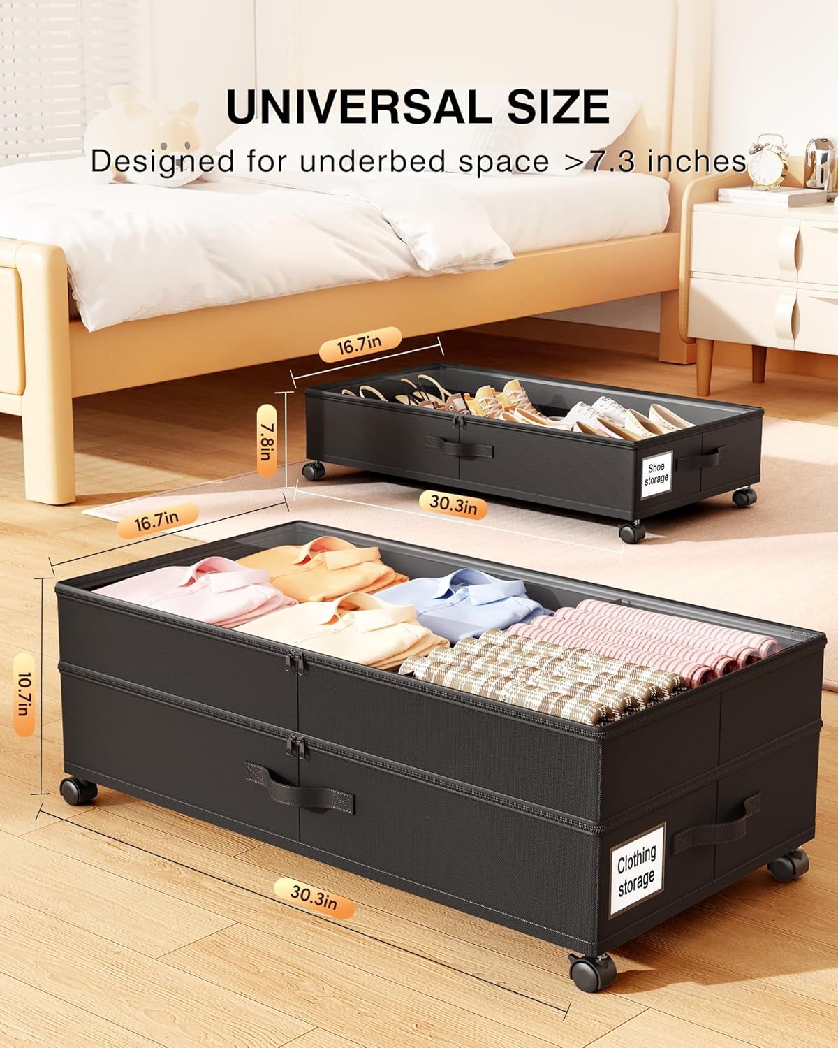 Under Bed Storage with Wheels, 2-Pack Underbed Shoe Storage Organizer, 7.5-10.6 inches Tall Adjustable Storage for Underbed with Lids, 65L Extra Large Capacity for Clothes, Blankets, Shoes