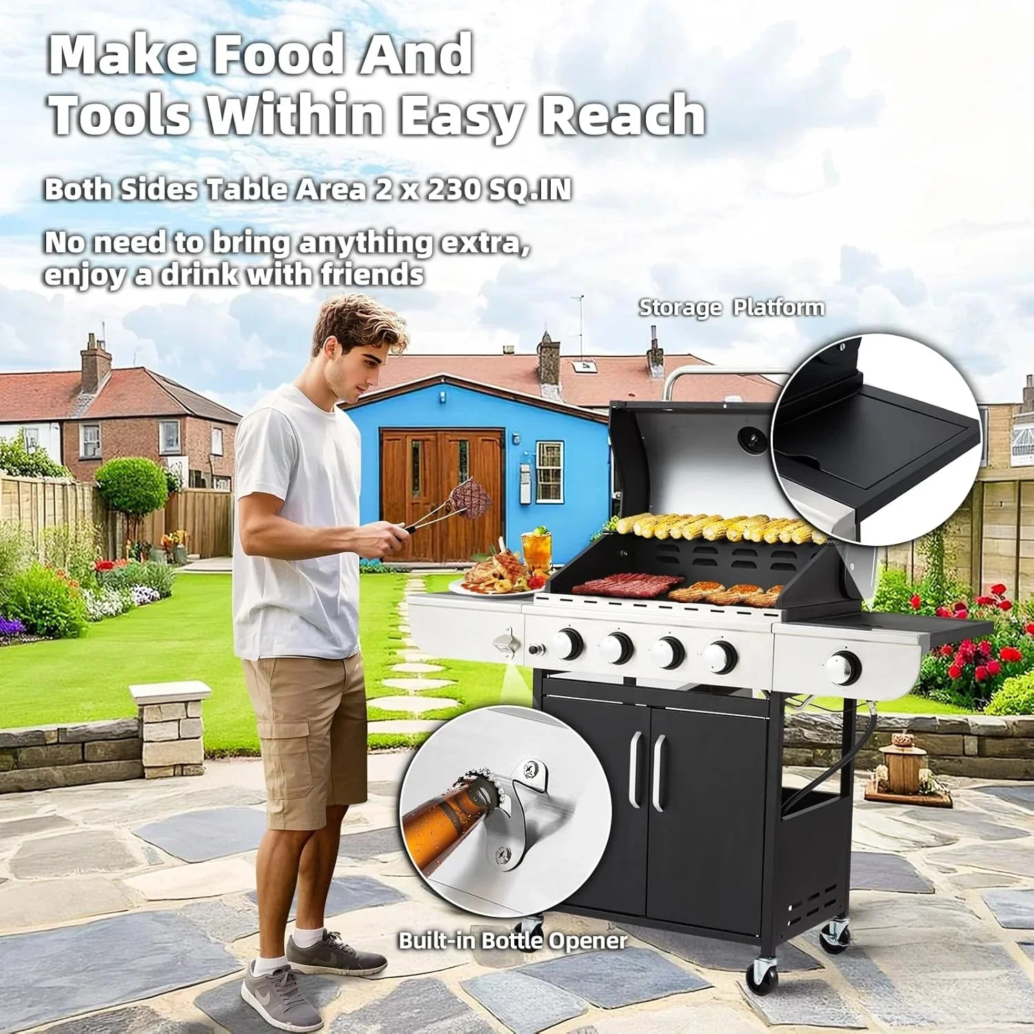 Upgraded 4 Burner Bbq Propane Gas Grill with Cast Iron Grates & Side Stove, 44,000 btu Stainless Steel Burner Barbecue Grill for Patio,…