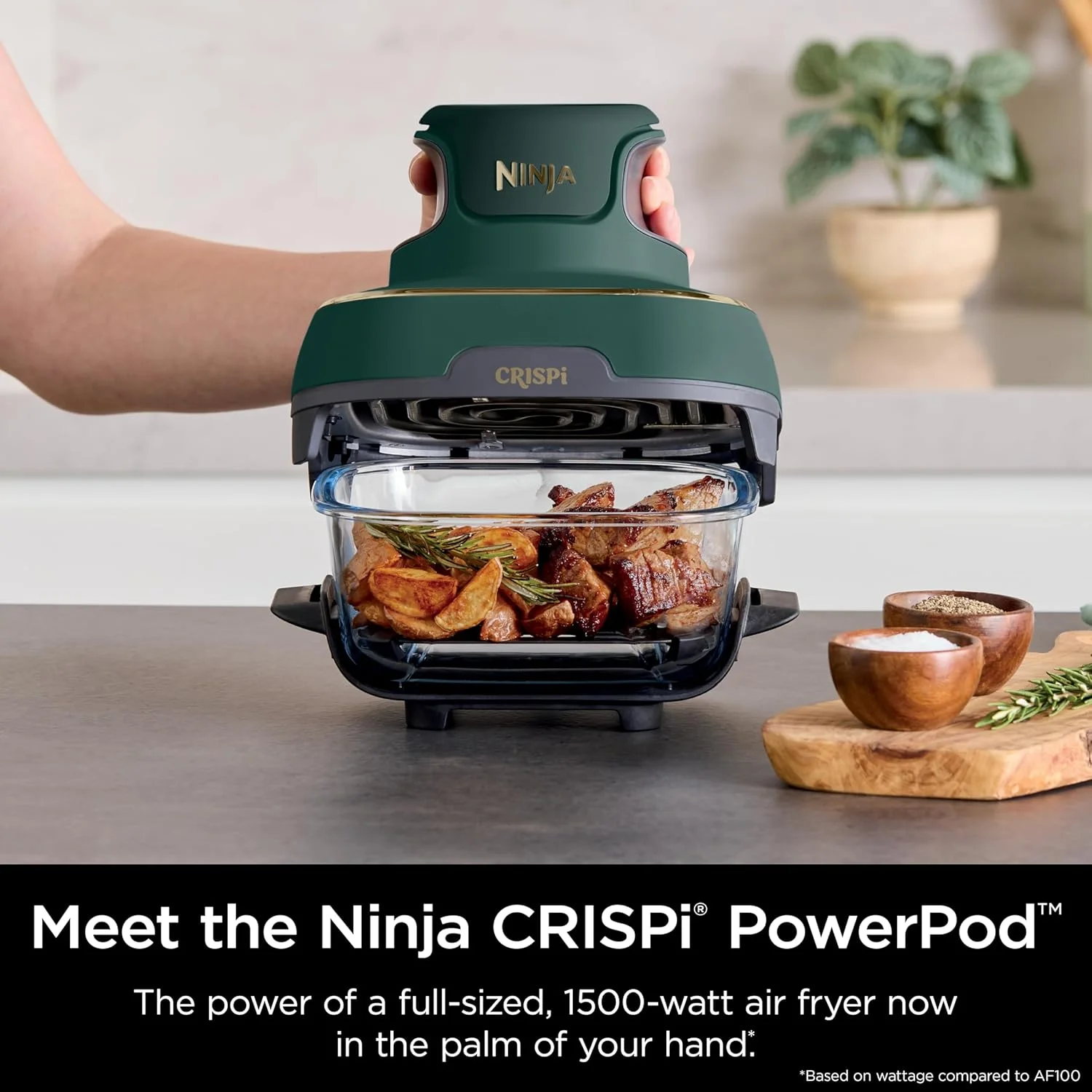 Crispi 5-in-1 Portable Glass Air Fryer Cooking System FN103BF, British Racing Green with Soft Gold Trim, 1500W, New - Image 4