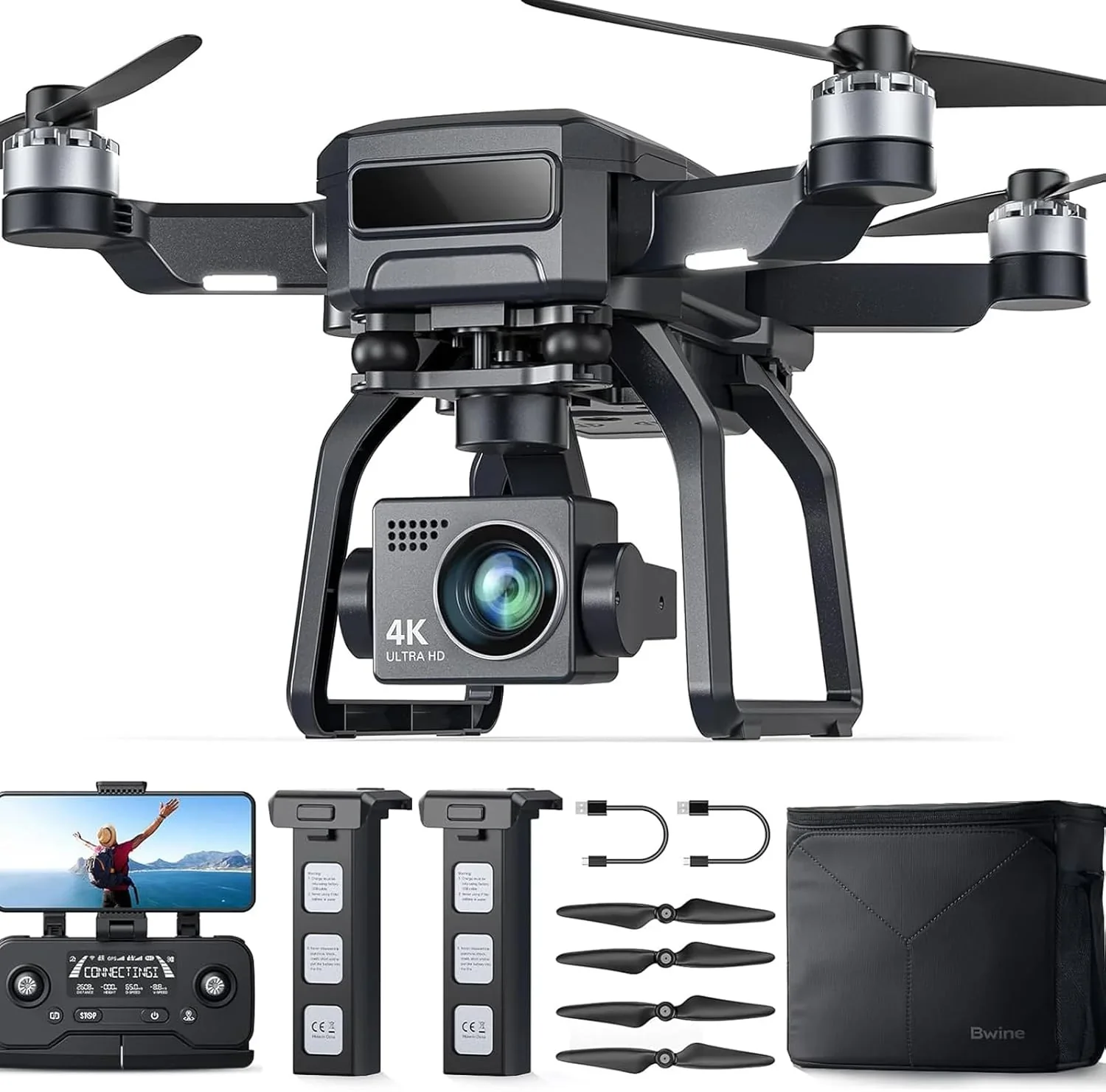Drone caméra pour adultes avec prise de vue aérienne 4K UHD, nacelle 3 axes, portée de 3 048 mètres