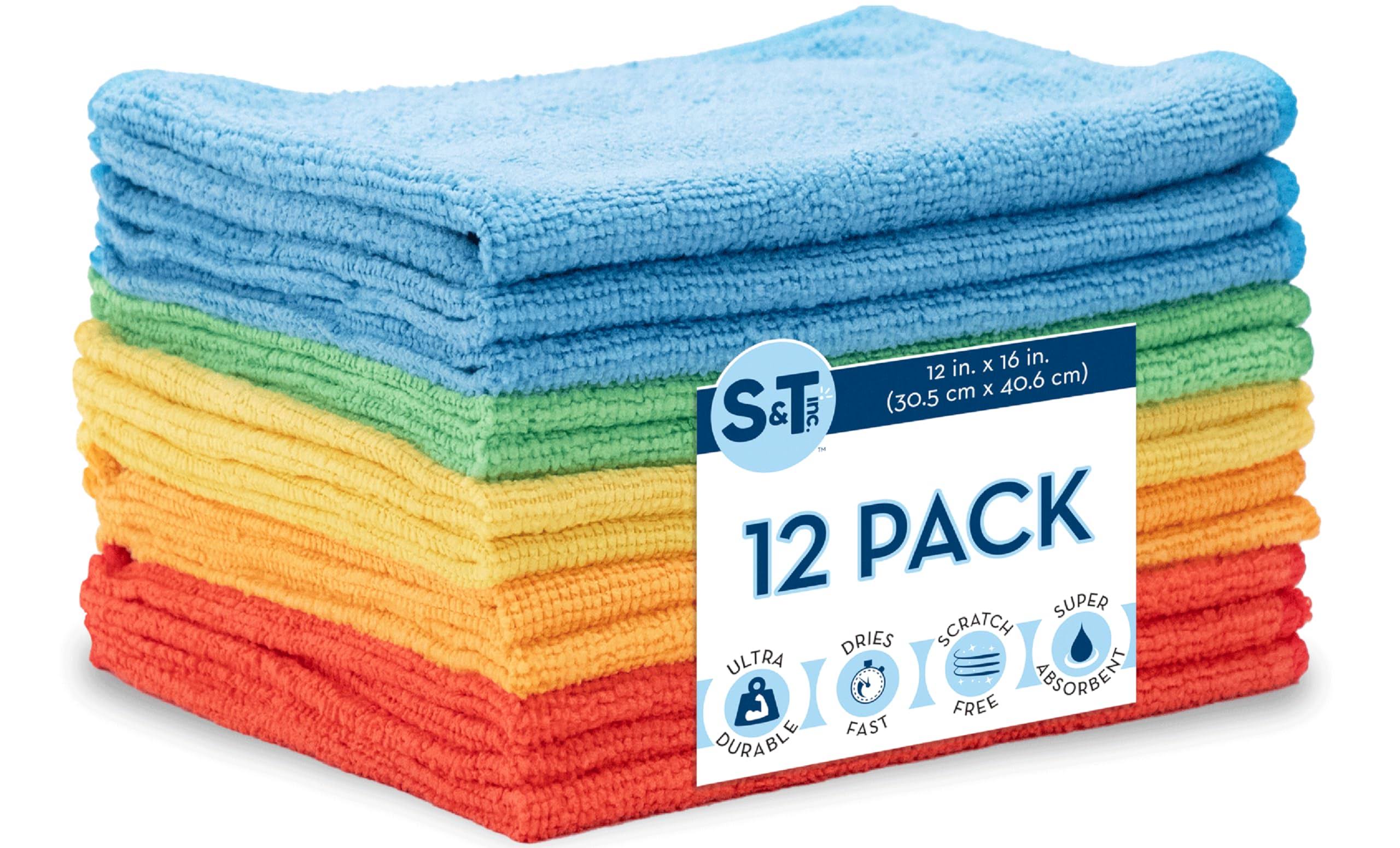 S&T Inc. 12 Pack Microfiber Cleaning Cloth, Bulk Microfiber Towel for Home, Reusable and Lint Free Cloth Towels for Car, Assorted Colors, 12 inch x