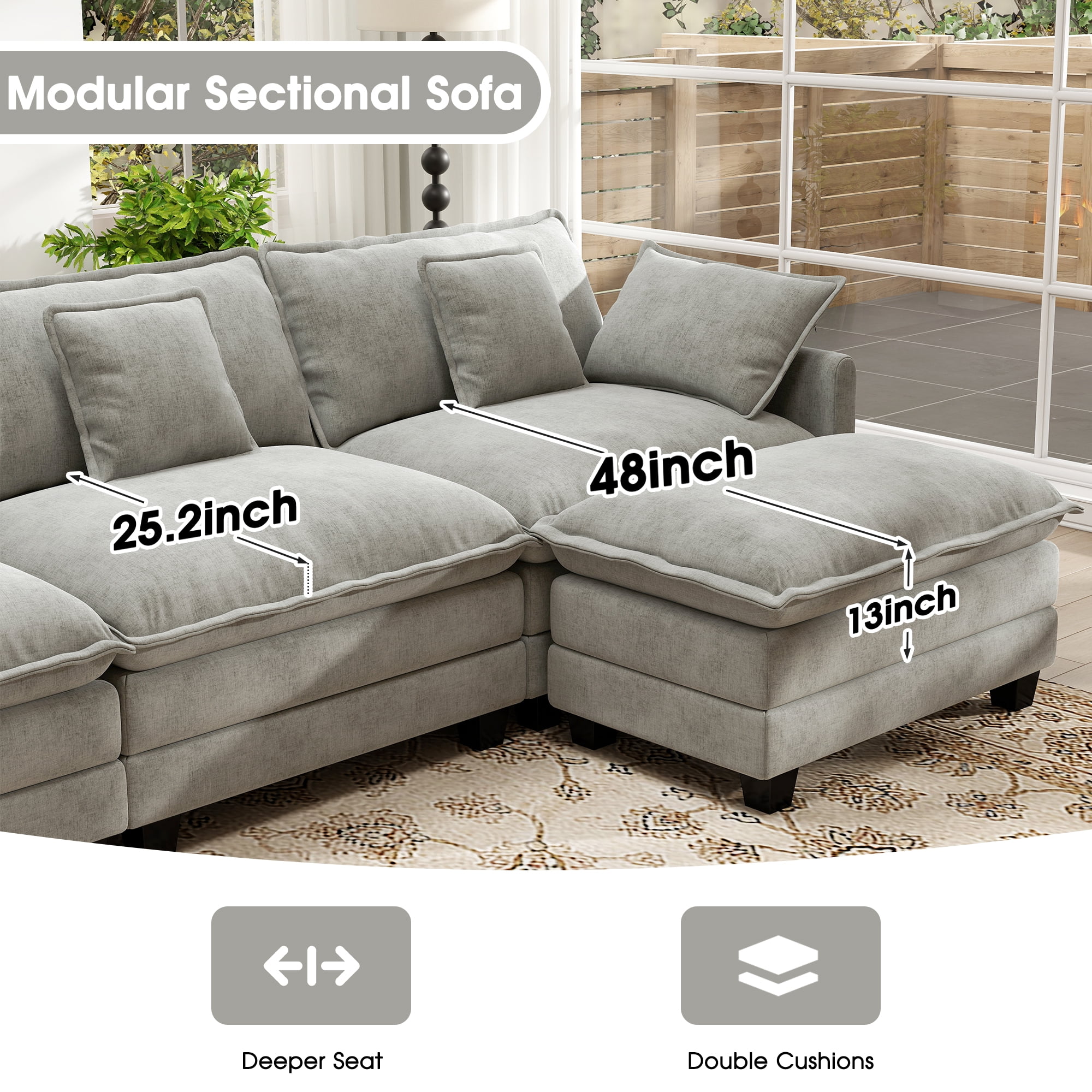 111.5'' Modular Sectional Sofa with Movable Ottomans, U Shaped Cloud Couch for Living Room, 3-Seat, Grey(4-seat2ottoman/green) - Image 4