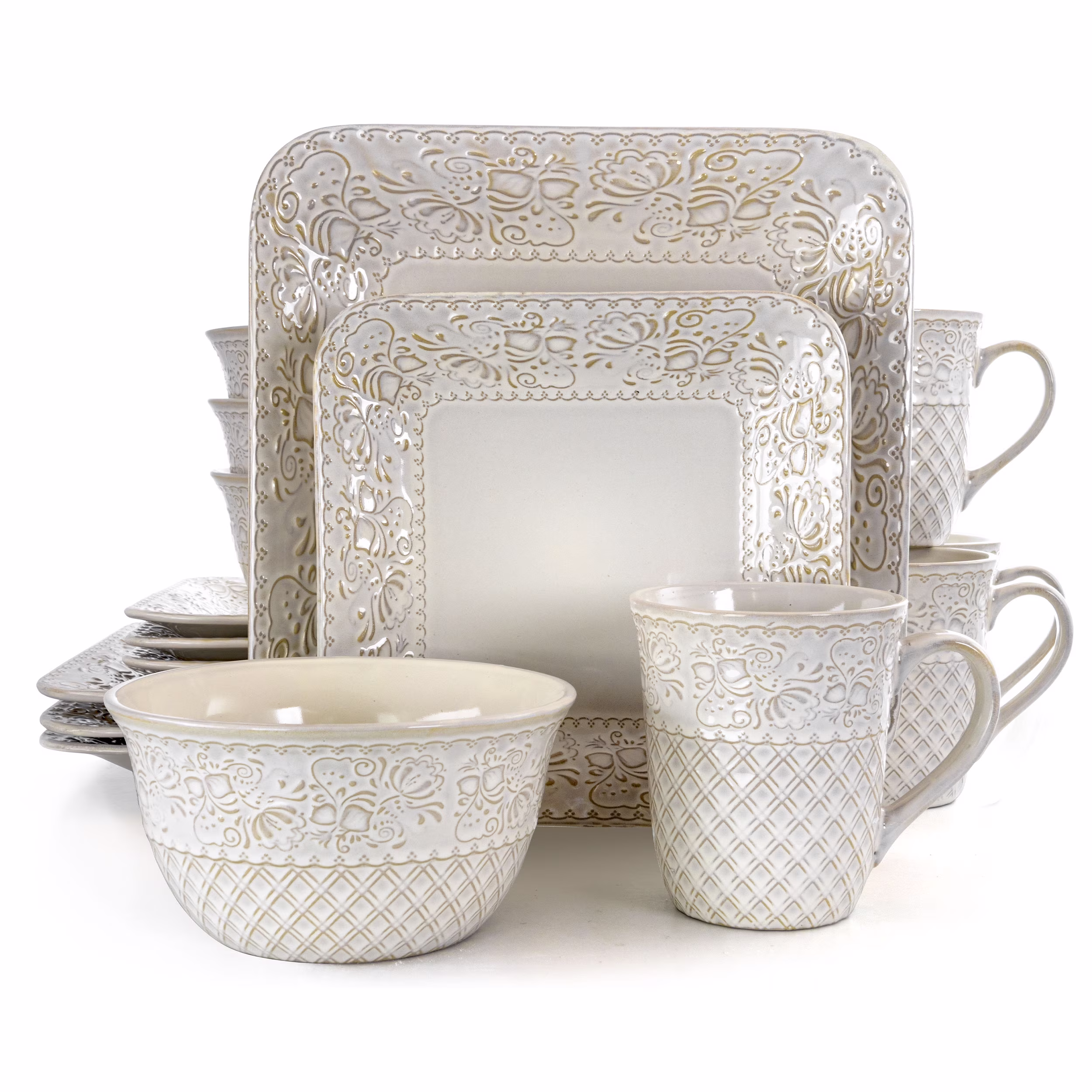 Ivory Lotus 16 Piece Square Dinnerware Set