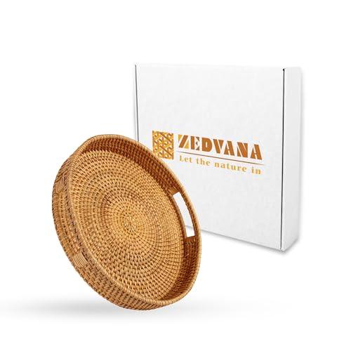 Round Rattan Tray With Handles - 14 Inch Natural Hand Woven Round Basket Tray For Decor, Large Coffee Table Basket Round Wicker Tray For Kitchen