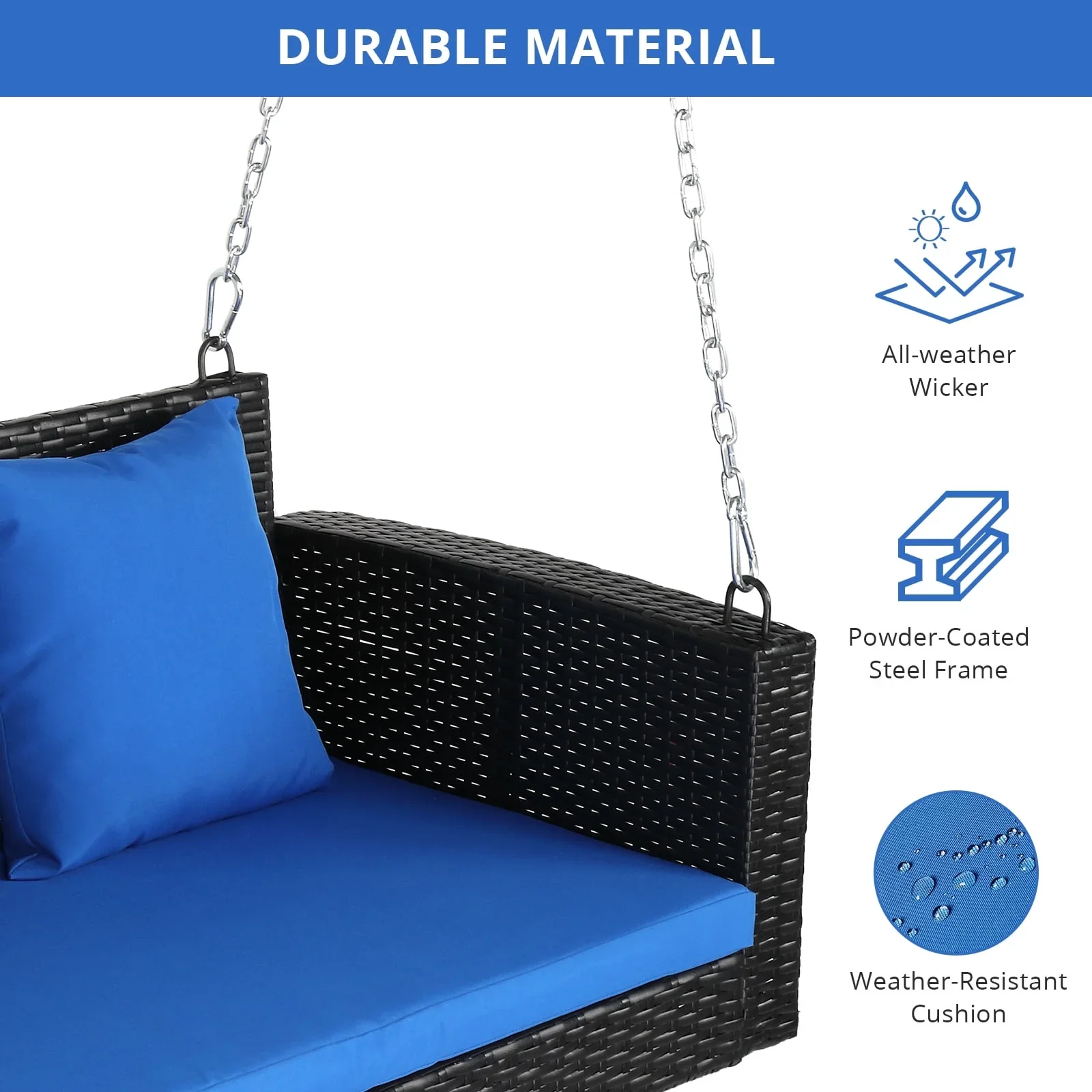 SamyoHome Garden Swing Rattan Wicker  Hanging Swing Bench w/ Blue Cushion