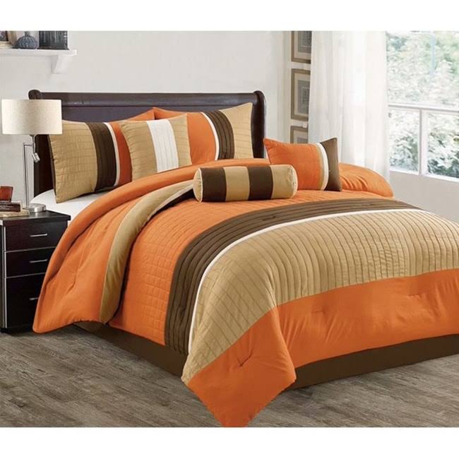 Shatex Bed in A Bag - 7 Piece Luxury Microfiber Striped Bedding Comforter Set - Oversized Bedroom Comforters - Orange - California King
