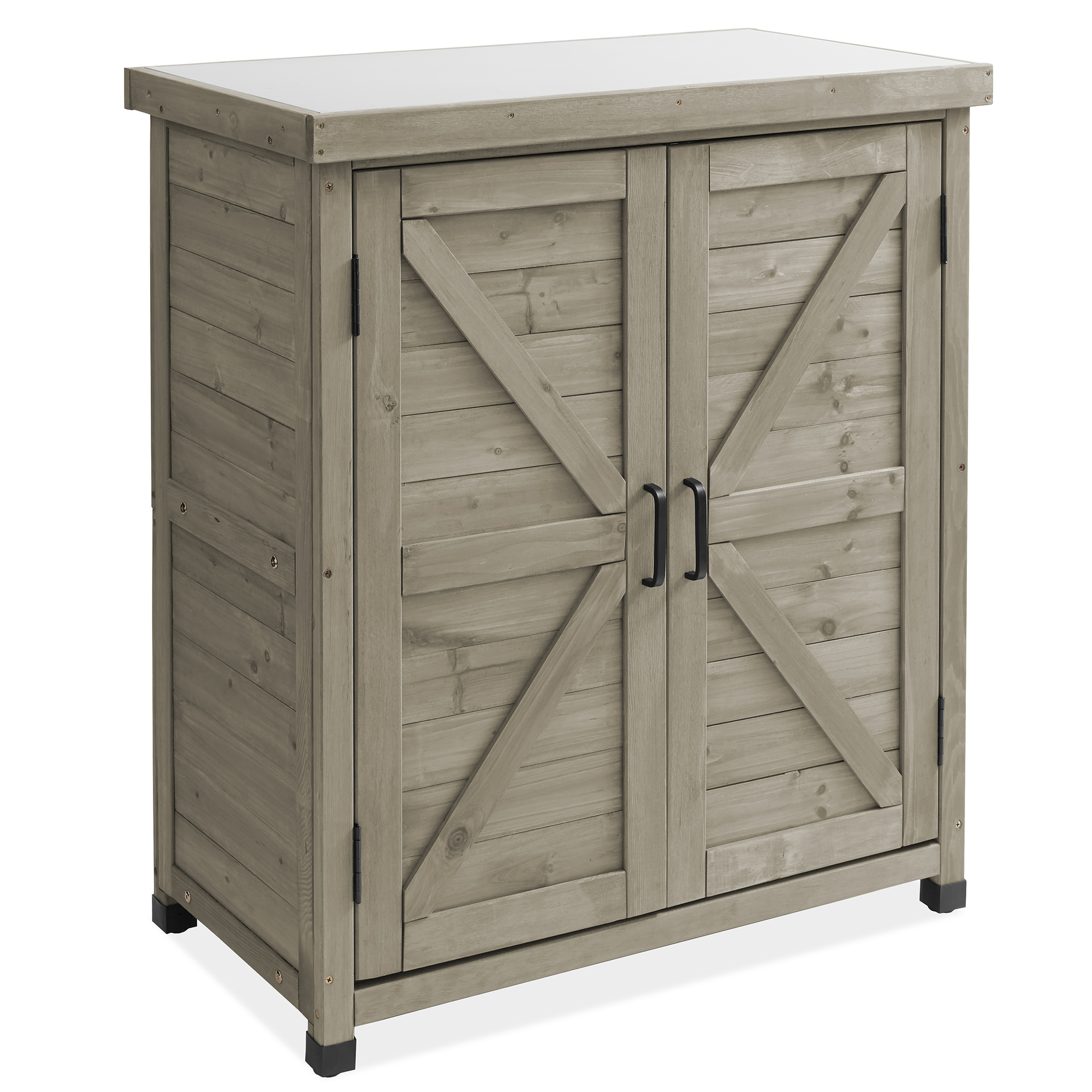 Outdoor Storage Cabinet and Potting Bench with Metal Tabletop and Storage Cabinet Wooden Outdoor Garden Patio Workstation Table, Gray(Gray) Image 2
