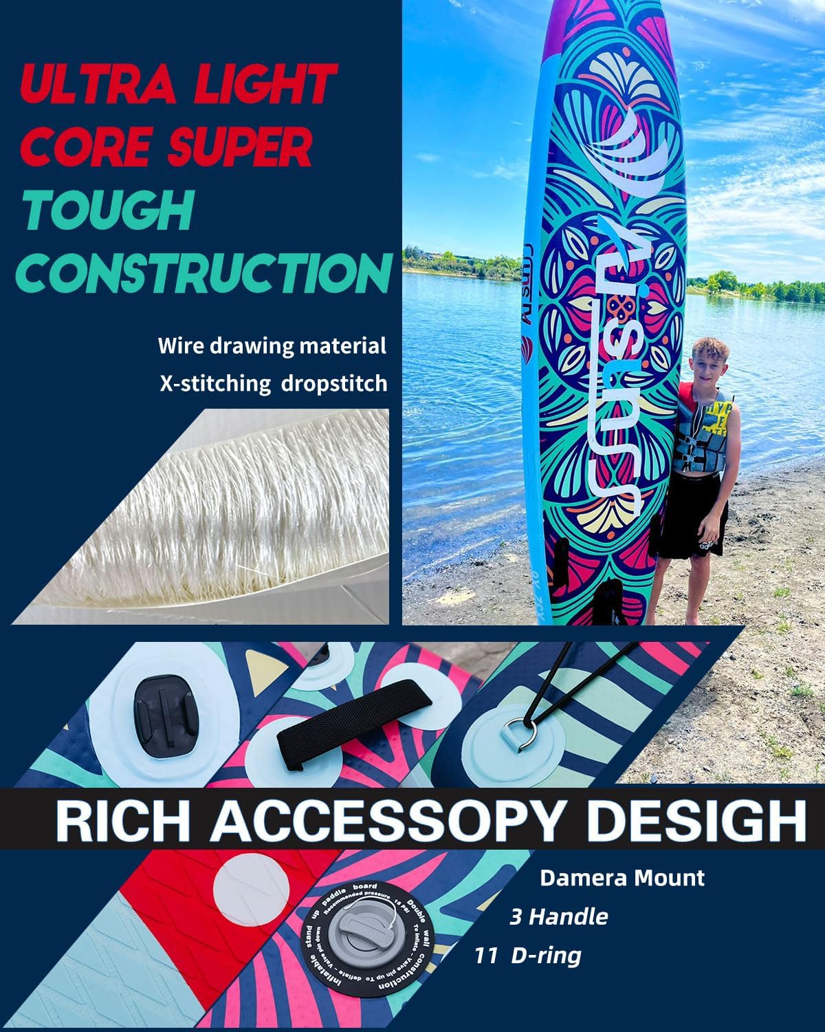 Planche de SUP gonflable large avec sac de transport, pompe à main et sac étanche de 10 L