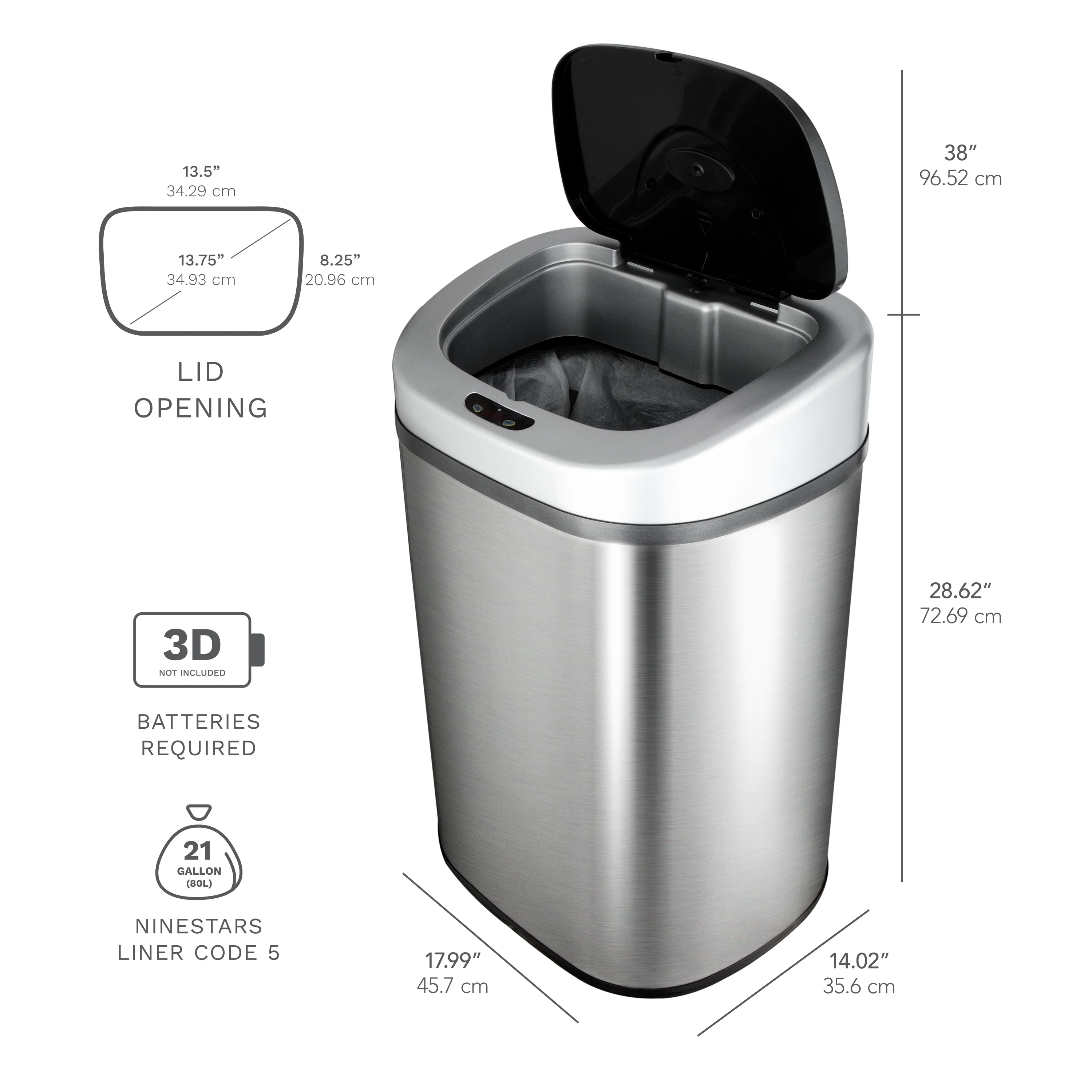 Automatic Trash Can, 21 Gallon Stainless Steel, Motion Sensor Hands Free Soft Close Lid Garbage Bin, Silver - Image 5
