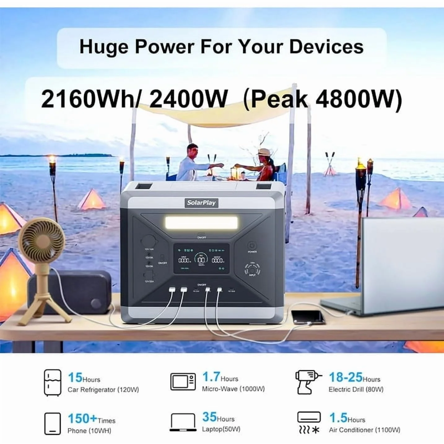 Solarplay 2400W(4800W Peak) Solar Generator, with 400W Solar Panel, 2160wh Portable LiFePO4 Battery Power Station for Camping Home Backup RV