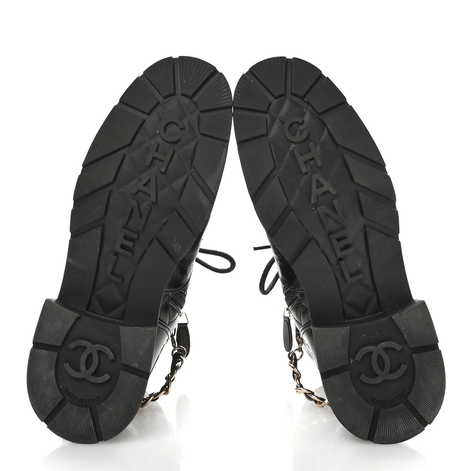 Shiny Calfskin Patent Quilted Chain Lace Up Combat Boots 40 Black