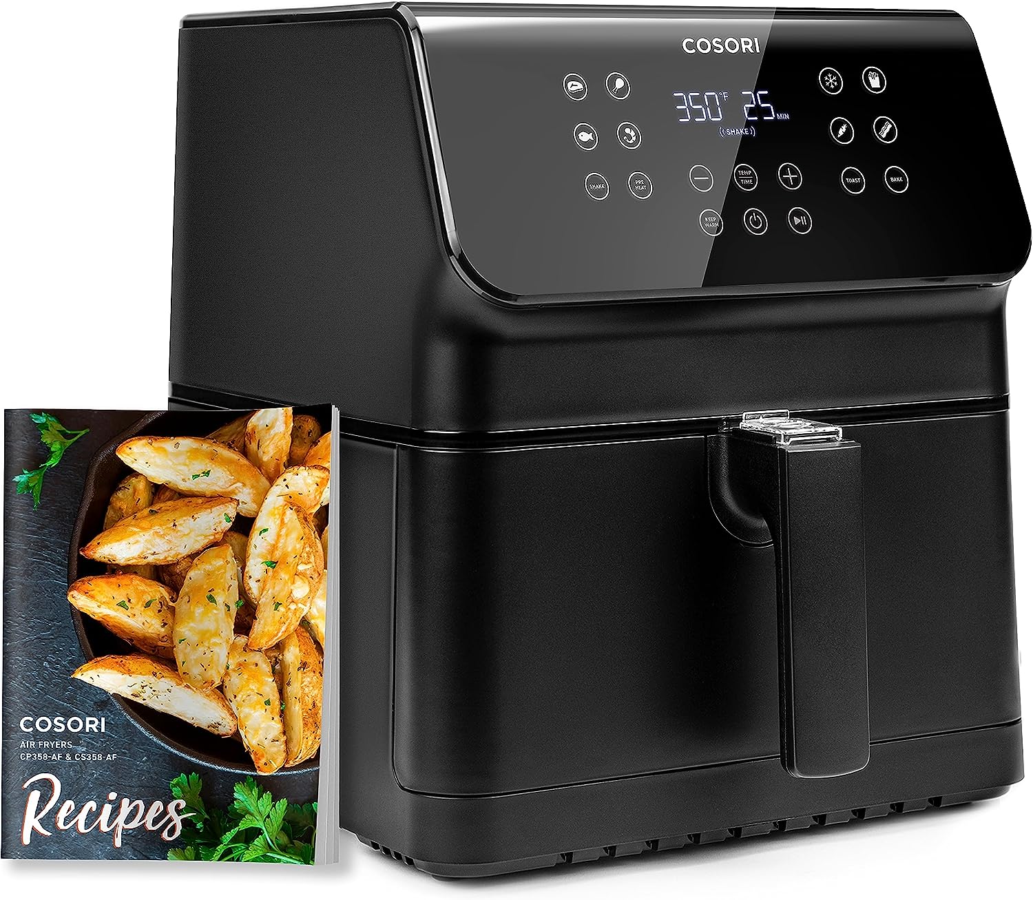 Four à air chaud combiné COSORI Pro II, grande capacité de 5,8 L avec 12 fonctions personnalisables enregistrables en une seule touche, livre de recettes et recettes en ligne, panier carré amovible antiadhésif et compatible lave-vaisselle, noir, CP35