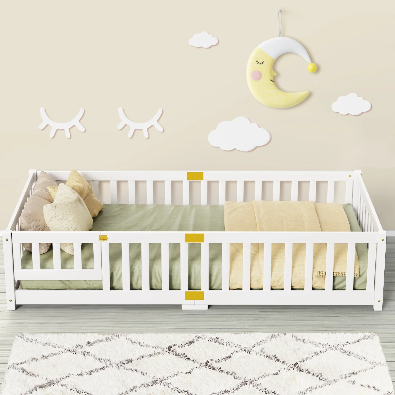 Twin Size Toddler Floor Bed, Solid Wood Montessori Bed Frame with Fence Door Montessori Floor Bed Crib with Safety Guardrails for Girls and Boys(White Twin) - Image 7