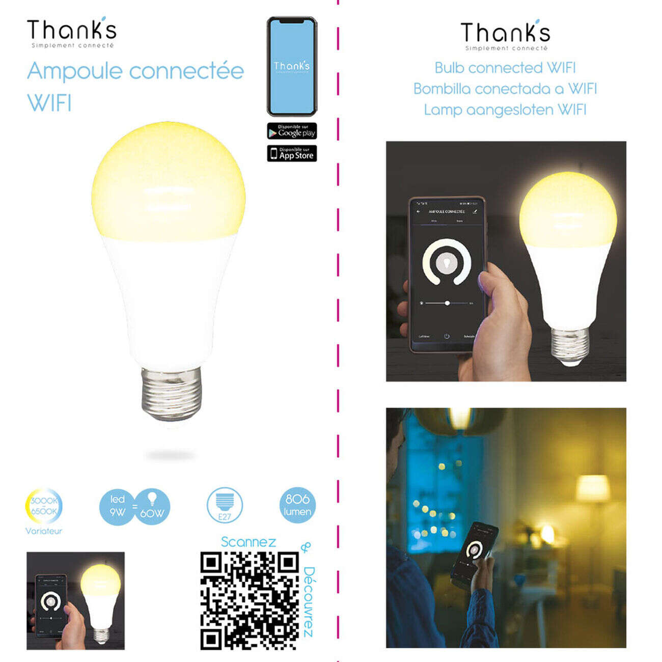 Ampoule LED connectée blanc ajustable E27 60 W