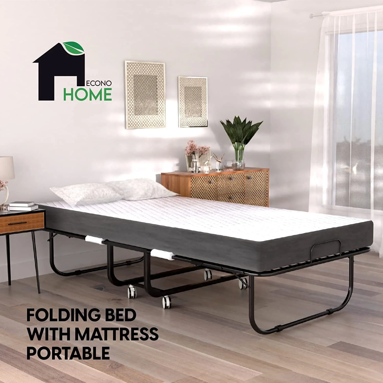 Econohome Folding Bed with Mattress - 75x31 Cot Size Bed Frame - Portable Foldable Roll Away Adult Bed for Guest - 5 - Inch Thick Memory Foam Cot Mattress - Space Saving Fold up Bed for Easy Storage